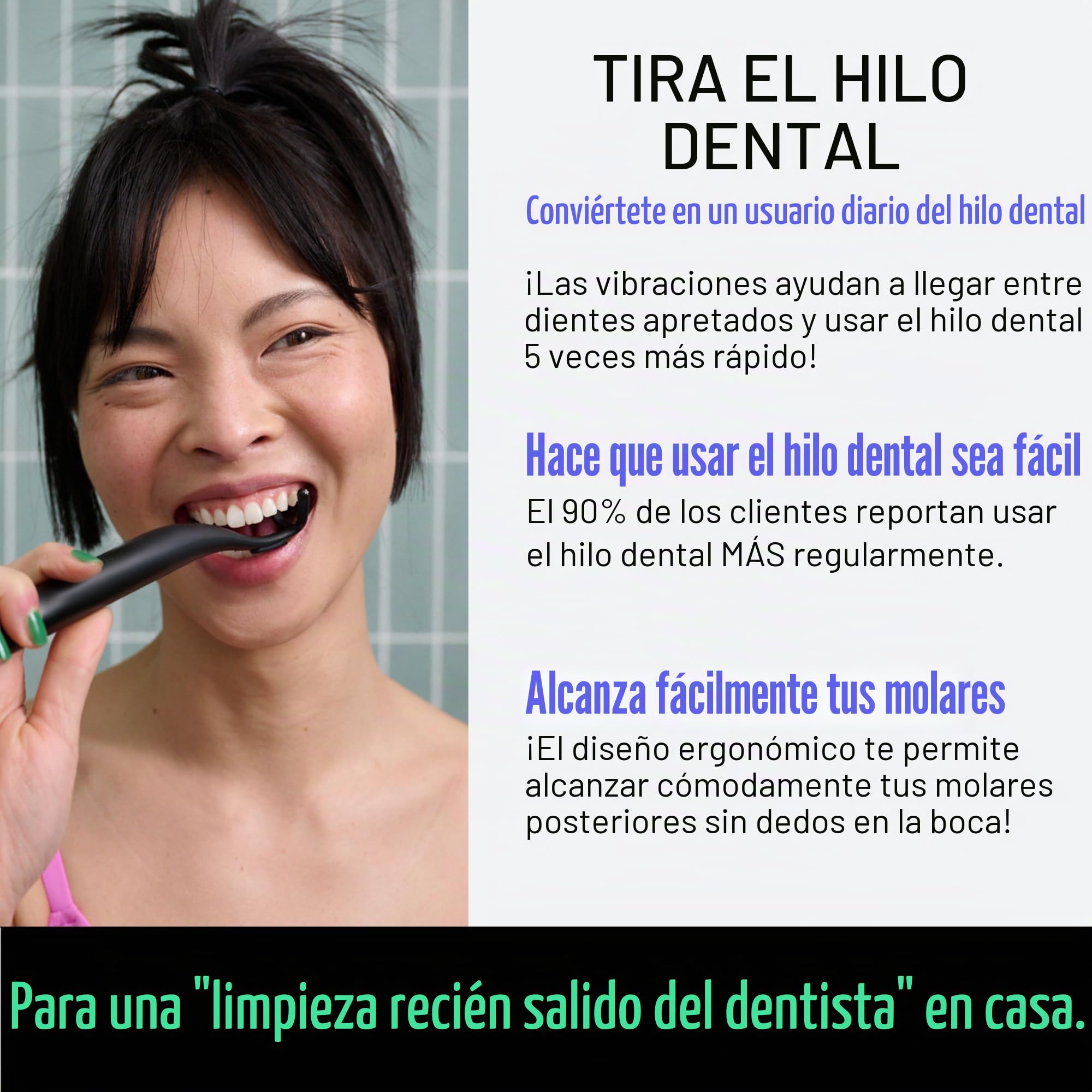 FLAUS Hilo dental eléctrico (deslizamiento suave) – Shark Tank + Lista de Oprah – Alternativa al hilo dental – Removedor de placa dental para adultos – Fácil vibración Power Flossing – Goma de mascar