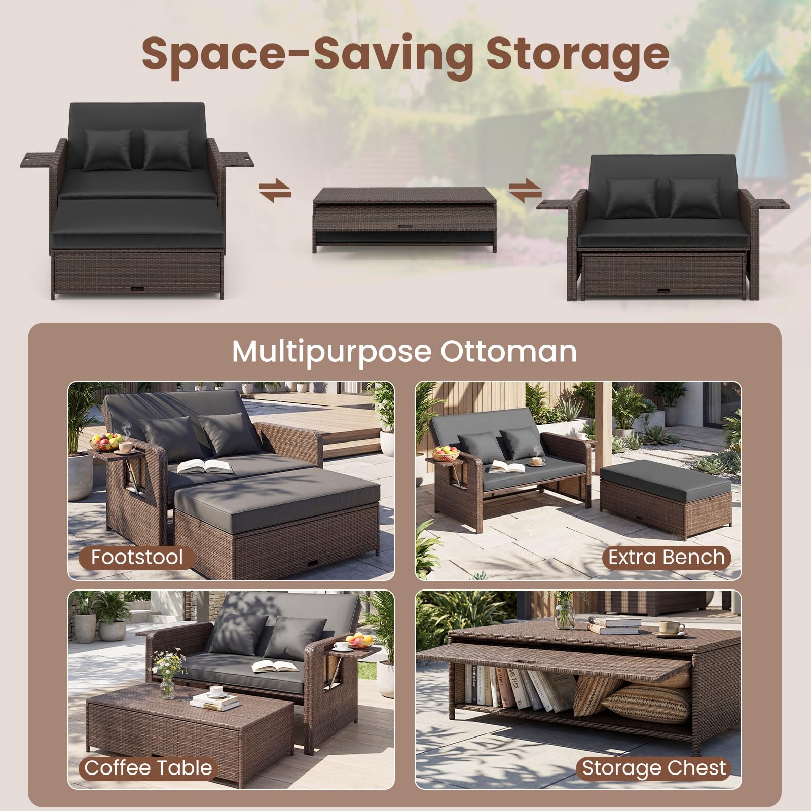 GIANTEX Sofá de Jardín 2 Plazas con Taburete Reposapiés, Muebles Ratán 2 Piezas con Cojines, Mesas Plegables, Respaldo Ajustable en 4 Niveles, Sofá Cama Exterior para Patio Terraza (Marrón+Negro) | Tres en un diseño