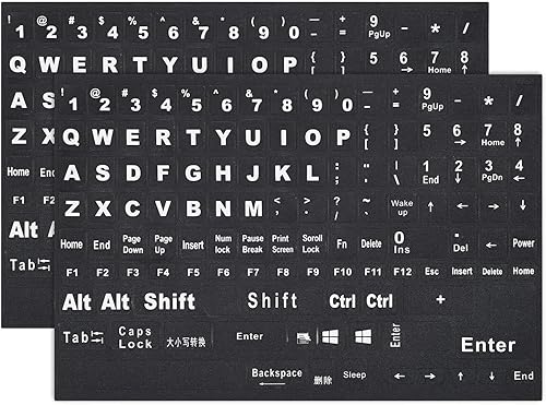 Vista 13 de Calcomanías de teclado inglés, paquete de 2 calcomanías de repuesto para teclado con fuente blanca sobre fondo negro, universales para computadora