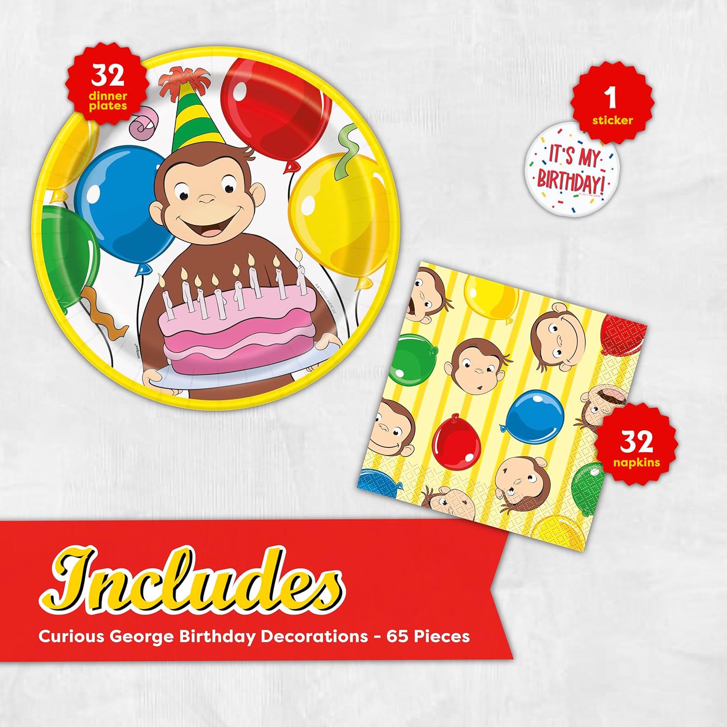 Curious George Plates and Napkins | 32 Plates and 32 Napkins | Curious George Birthday Decorations for Party | Officially Licensed