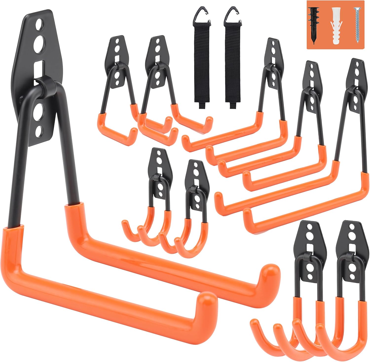 Upgraded 12 Pack Garage Hooks Double Heavy Duty with 2 Extension Cord Storage Straps, Gifts for Dad, Tool Gifts for Men, Garage Wall Ladder Hooks for Hanging Garden Tools, Bikes, Ropes, Ladders