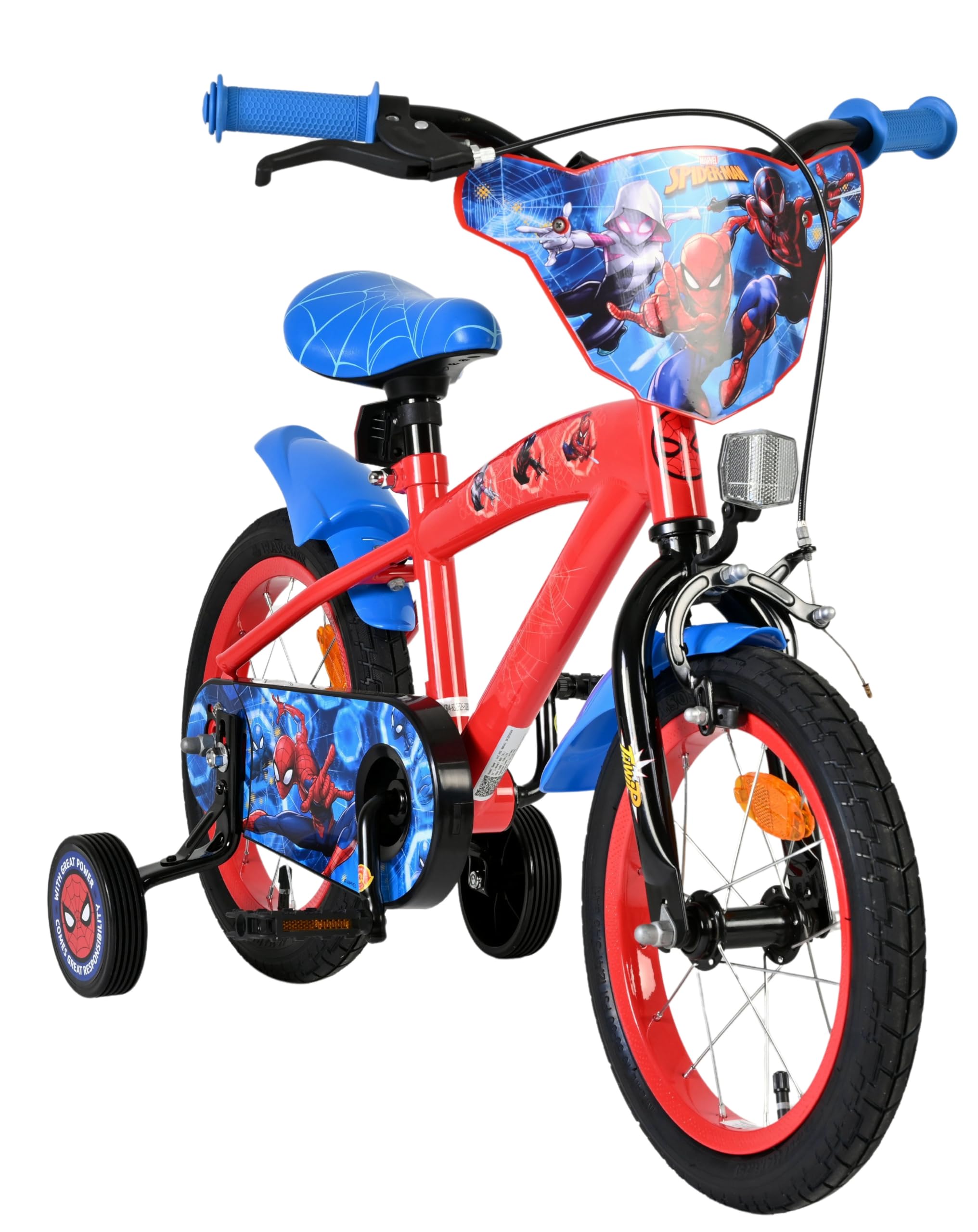 Volare Spider-Man Kinderfahrrad 14 Zoll | 3,5–5 Jahre | Hand- & Rücktrittbremse, Stützräder, Kettenschutz, Reflektoren | Verstellbarer Sattel | Geschenk für Jungen & Mädchen