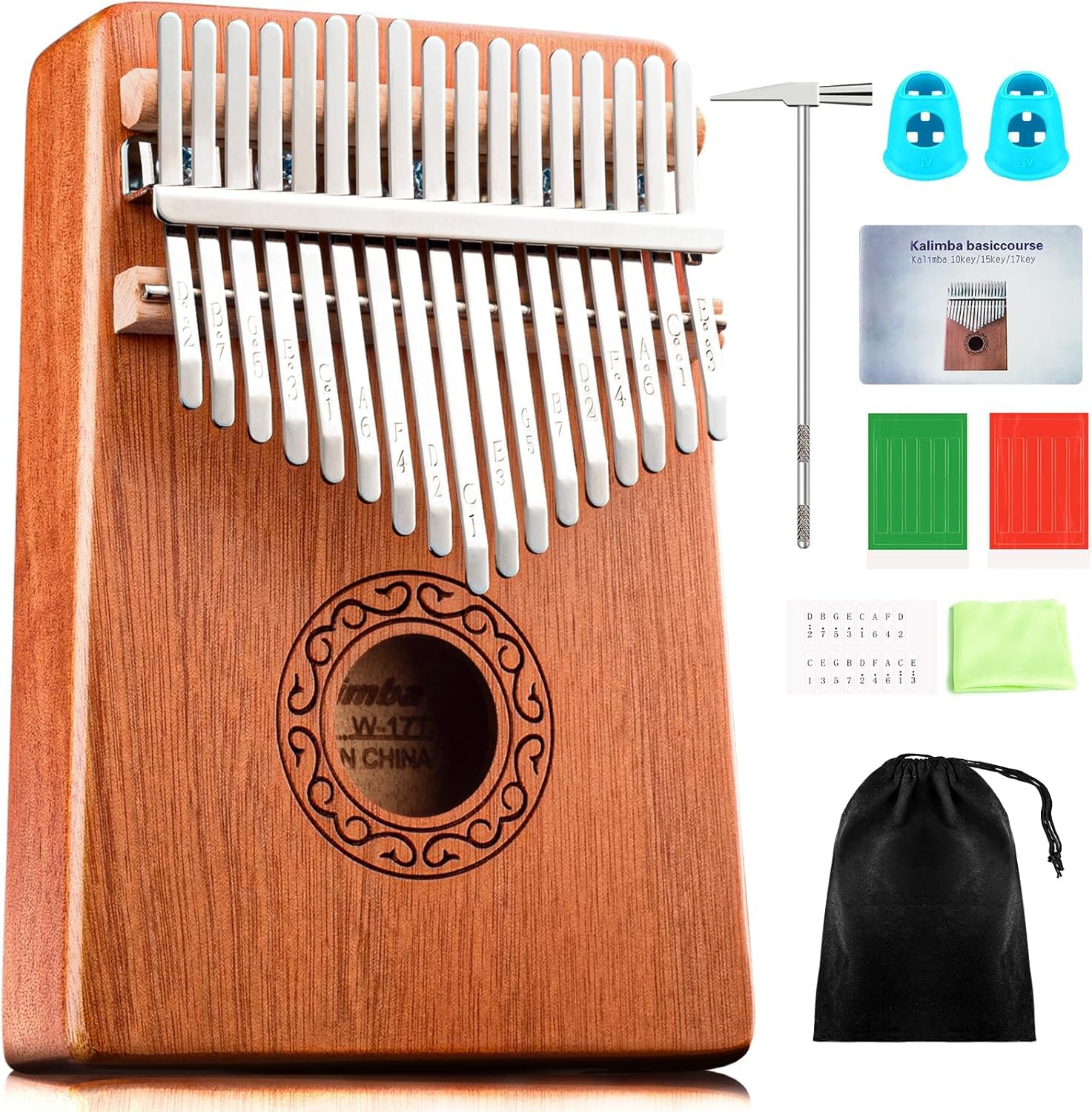 Truenix Kalimba 17 Keys, Mahogany & Mineral Steel Rods Portable Thumb Piano with Learning Book, Tune Hammer, Cloth Bag, Sticker, Bilingual Instruction, Musical Instrument Gifts for Women