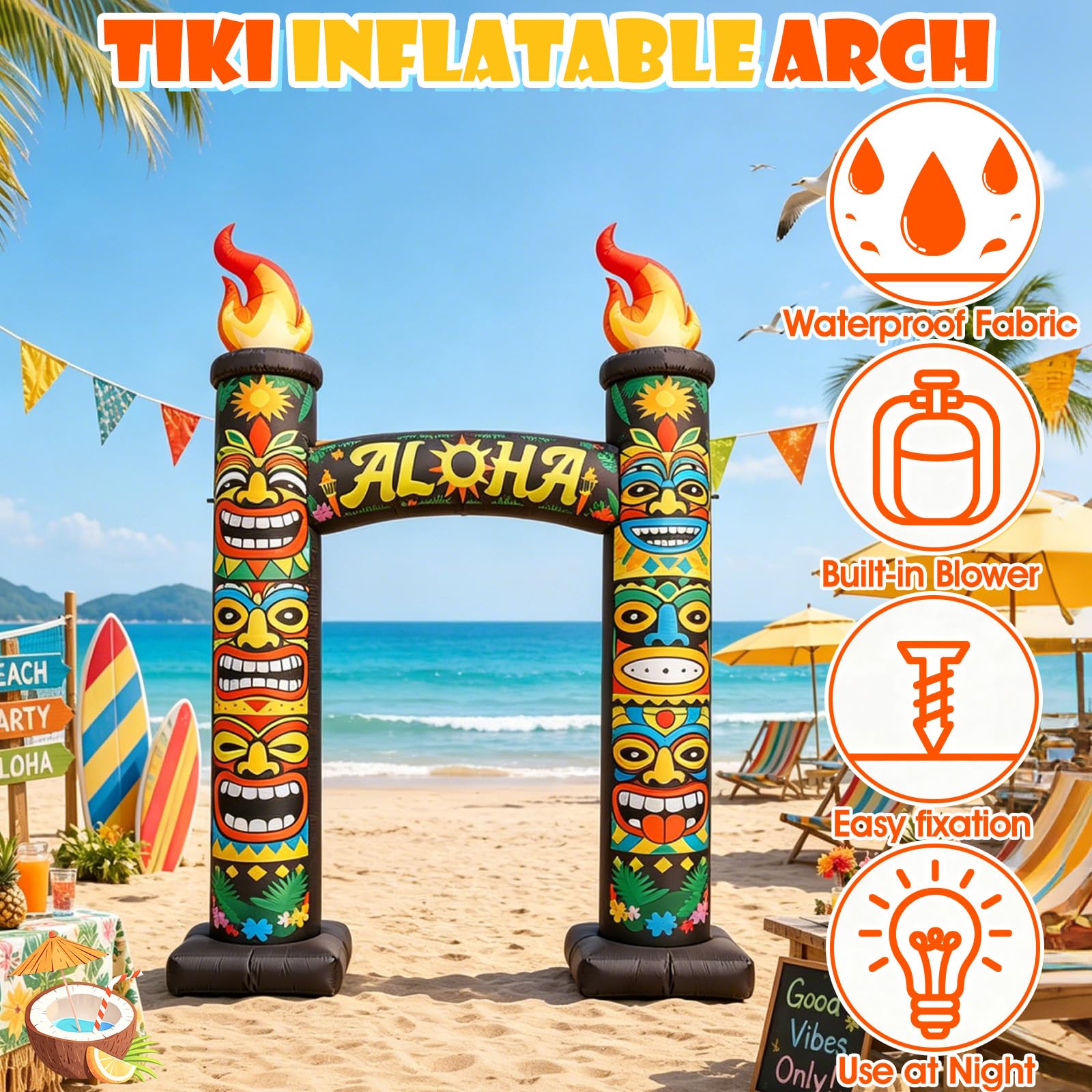 Arche gonflable d'été Tiki de 3 m, décoration d'extérieur géante Aloha Luau avec 6 lumières LED intégrées pour plage, bar, fête d'anniversaire, piscine, terrasse, événement