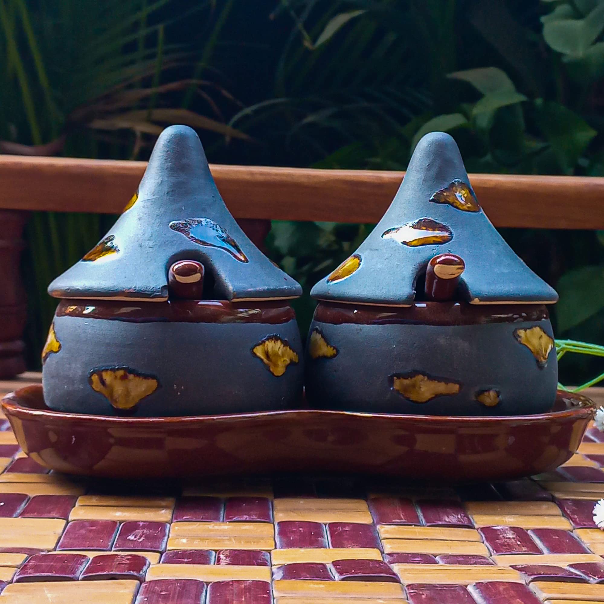 India Meets India Black Ceramic Serveware Pickle Set with 2 Jars, 2 Spoons 1 Tray Multi Purpose Storage Barni for Candies Mouth Fresheners Dry Fruits