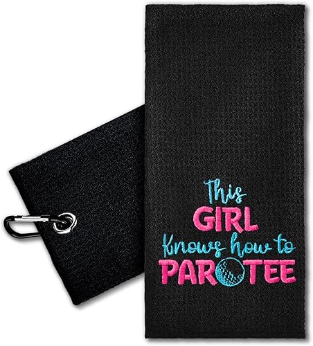 ERHACHAIJIA This Girl Knows How to Par Tee - Toalla de golf bordada con clip. Divertido accesorio de golf para mujeres, mamá, hija, cumpleaños,