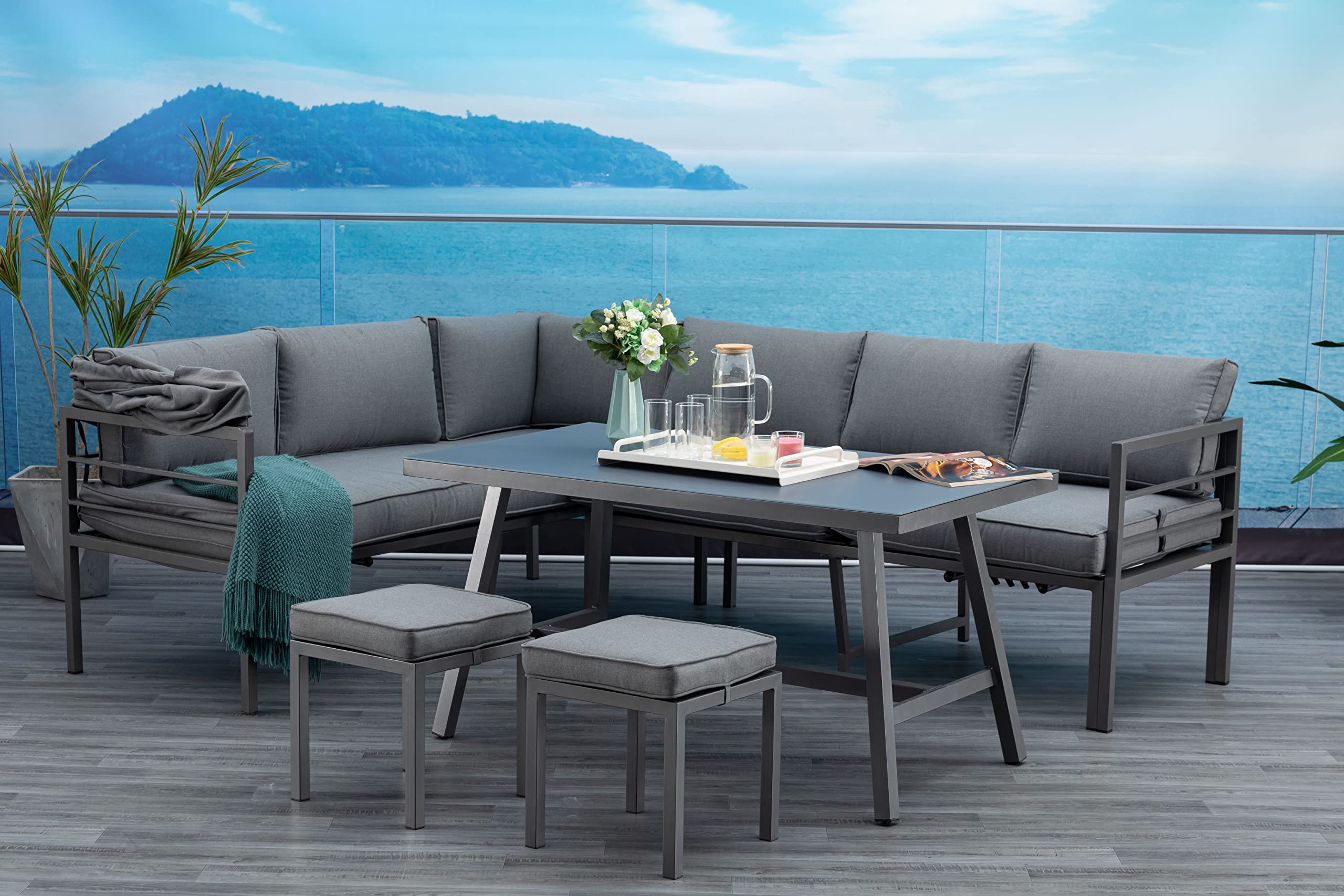 Mandalika Garden Newport Hohe Dining Aluminium Lounge, 3 in 1 | Mit Sonnendach, Verstellbare Kopfteile, Garten Sitzgruppe