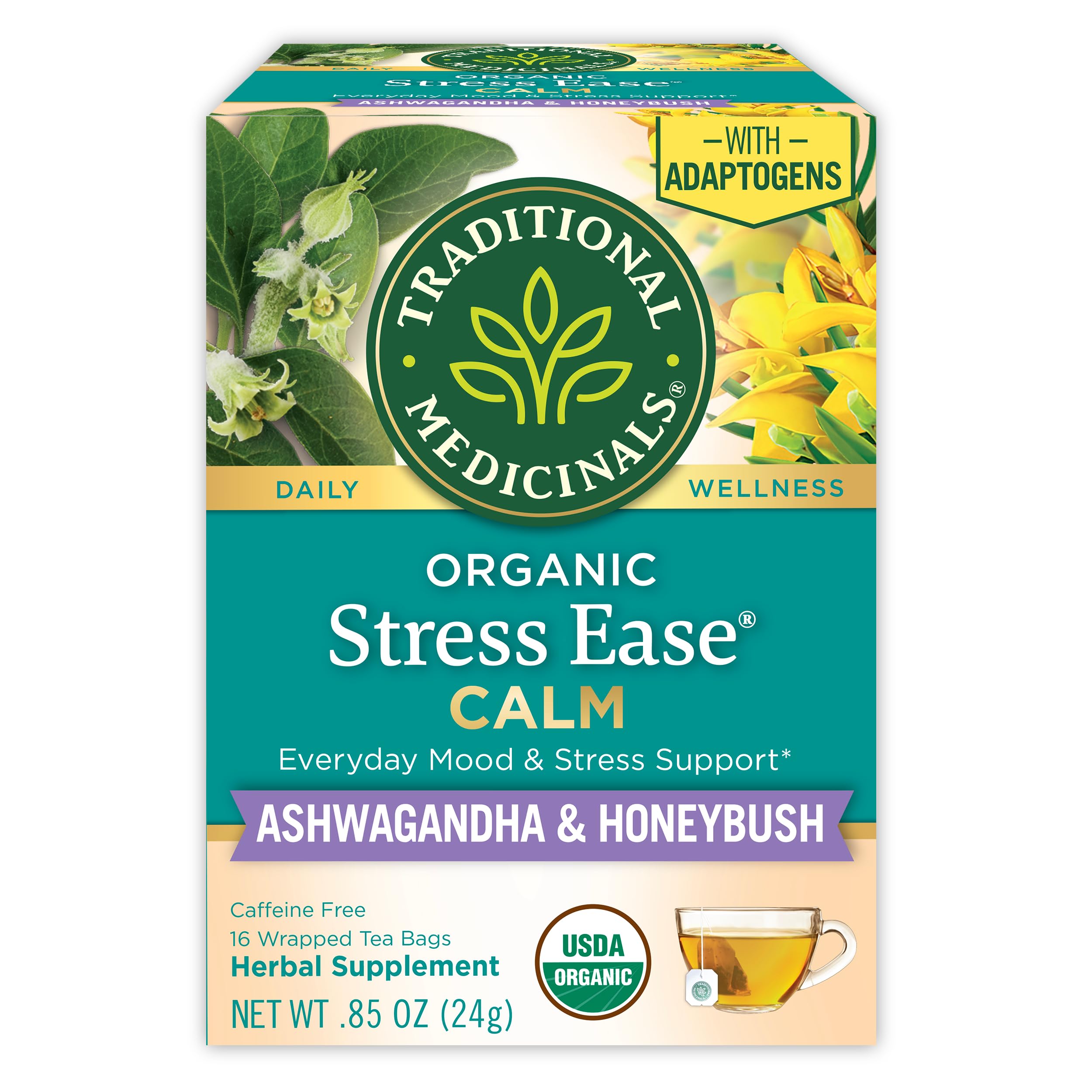 Traditional Medicinals Organic, Stress Ease Calm with Adaptogens, Ashwagandha & Honeybush - Promotes Relaxation - Kosher, Non-GMO, Caffeine-Free, Compostable - 16 Tea Bags
