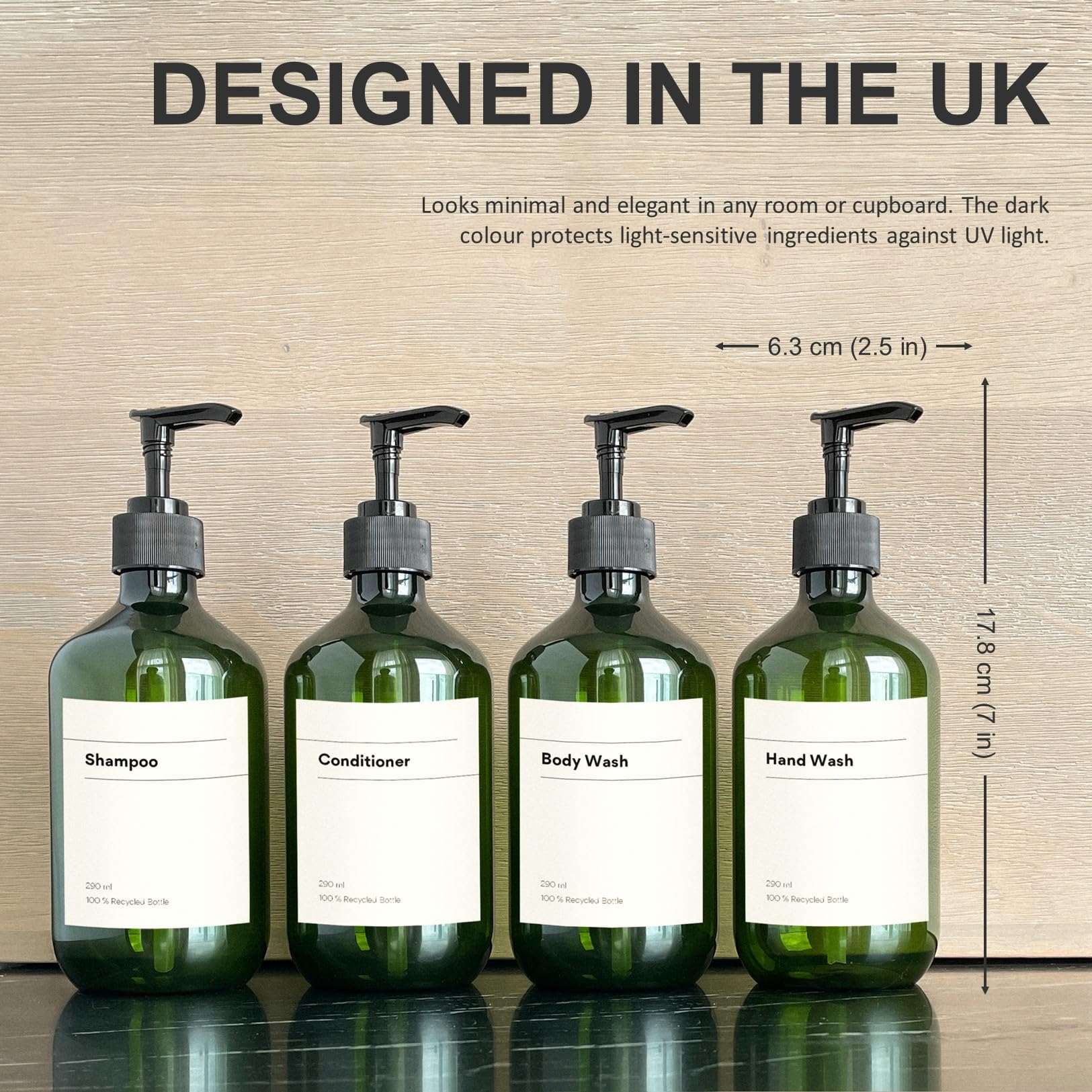 Recycled Plastic Pump Bottle Dispenser 4 x 300ml, Bathroom Bottles with Labels - Image 4