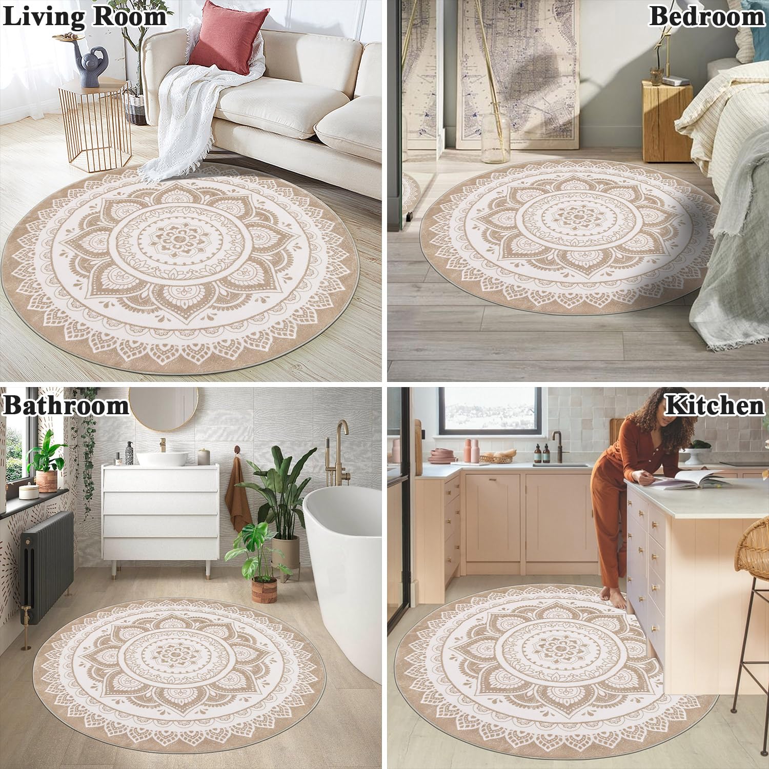 SHACOS Kurzflor Teppich Rund 160 cm, Boho, Anti Rutsch, Waschbar, Wohnzimmerteppich Rund Flauschig, Runder Teppich für Schlafzimmer, Wohnzimmer, Beige