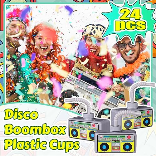 Miniatura 5 de Mifoci 24 piezas de decoraciones de fiesta de los años 80 y 90 con pajitas, vaso de radio de plástico reutilizable de 10 onzas a granel para