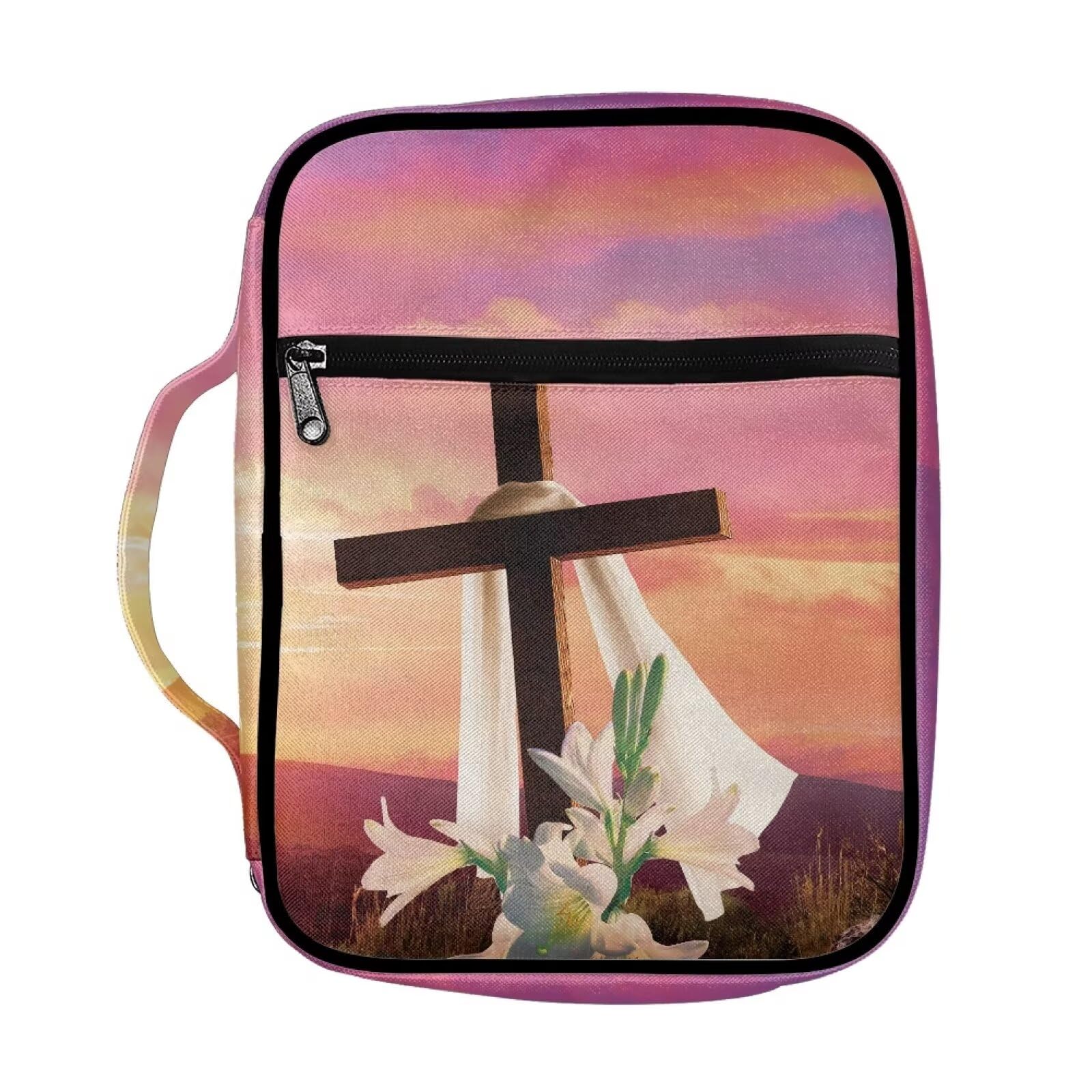 ZIATUBLES Cross Bible Covers with Handle for Women Men Large Bible Bag with Zipper Pockets Book Holder Bible Carrier Bag for Christian Bible Study Sunset Glow Lily Flower Cross Print