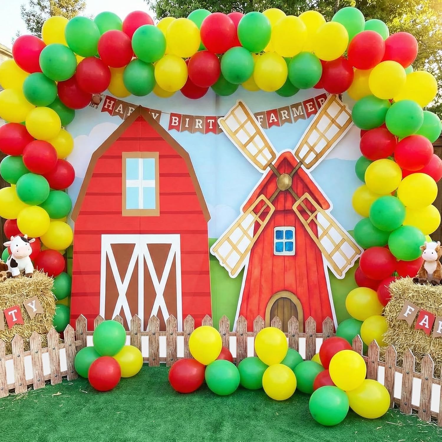 Honoson Large Farm Cardboard Cutouts Sets, Red Farm Party Decoration Farmhouse Backdrop Stand, Yard Signs for Baby Shower Birthday Rustic Party Supplies Photo Props(Barn Windmill)