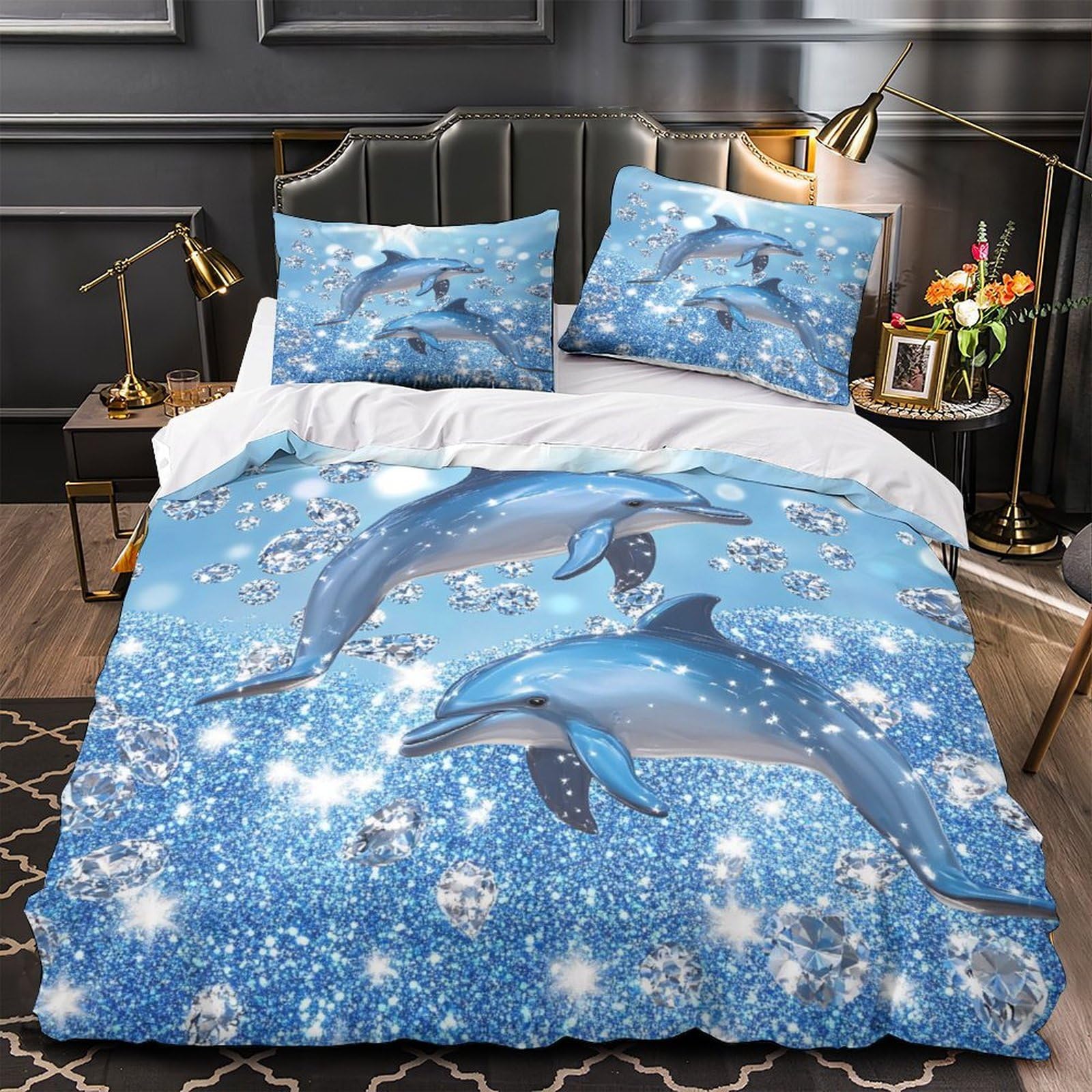 Housse de couette dauphin 3D 135x200 microfibre avec taie d'oreiller