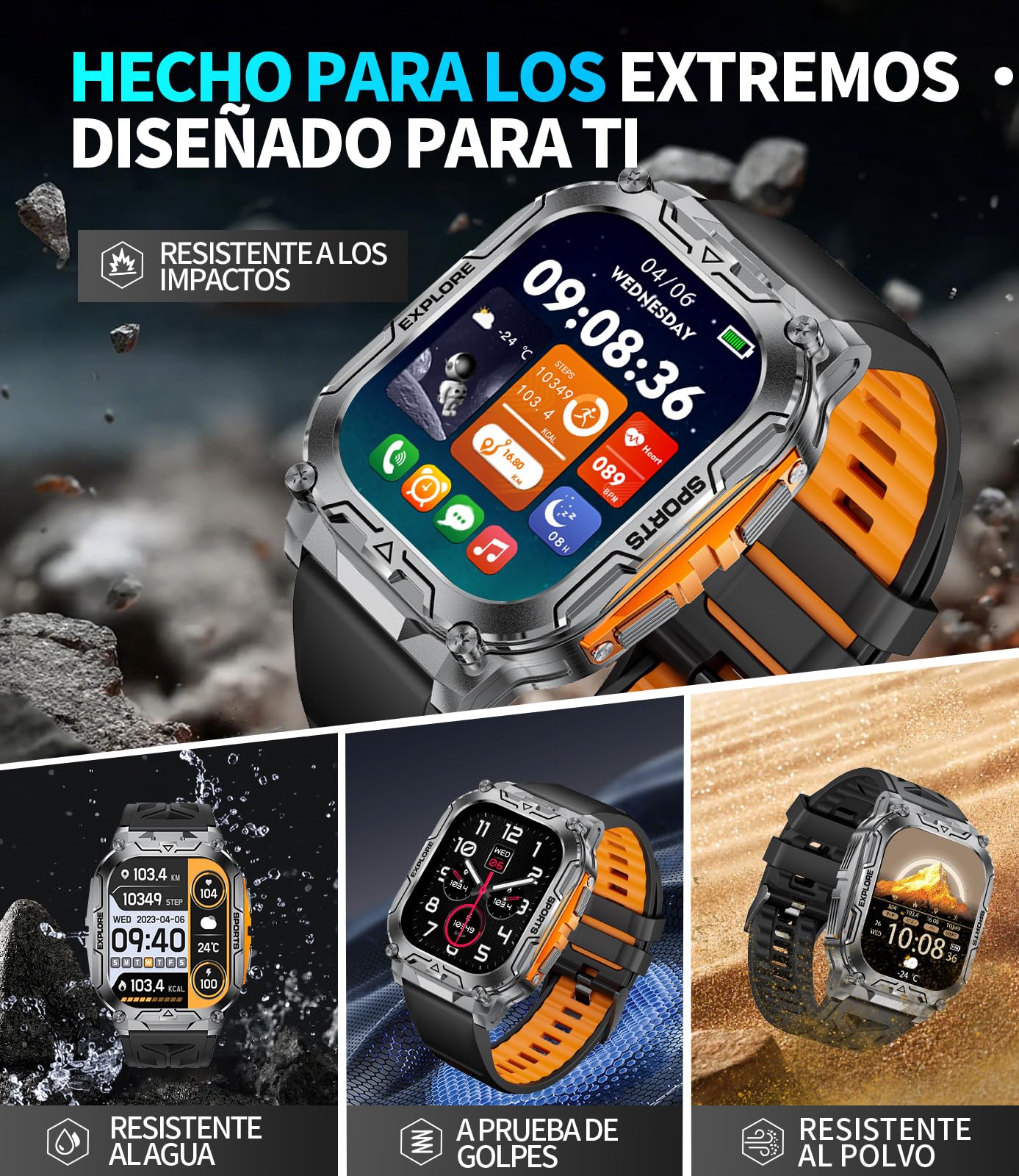 Reloj Inteligente Hombre Llamada Bluetooth, 2.01" Militar Smartwatch con 1000 mAh/Llamada Bluetooth/LED Linterna, 110+ Modos Deportivos, Pulsómetro/Monitor de Sueño, IP68 Reloj, Android iOS,BWTX12-E