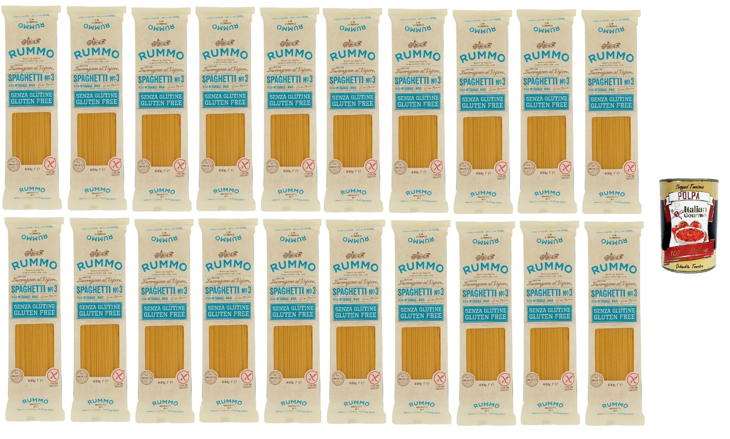 Rummo Pasta Fideos sin gluten, espaguetis dibujados en bronce, sin gluten, perfecto para personas con enfermedad celíaca o intolerancia al gluten, 20 x 400 g + Polpa italiana Gourmet 400 g