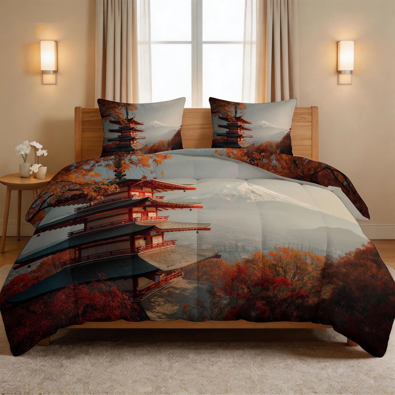 Couette imprimée pagode 140x200 cm avec 2 taies d'oreiller pour lit 1 personne