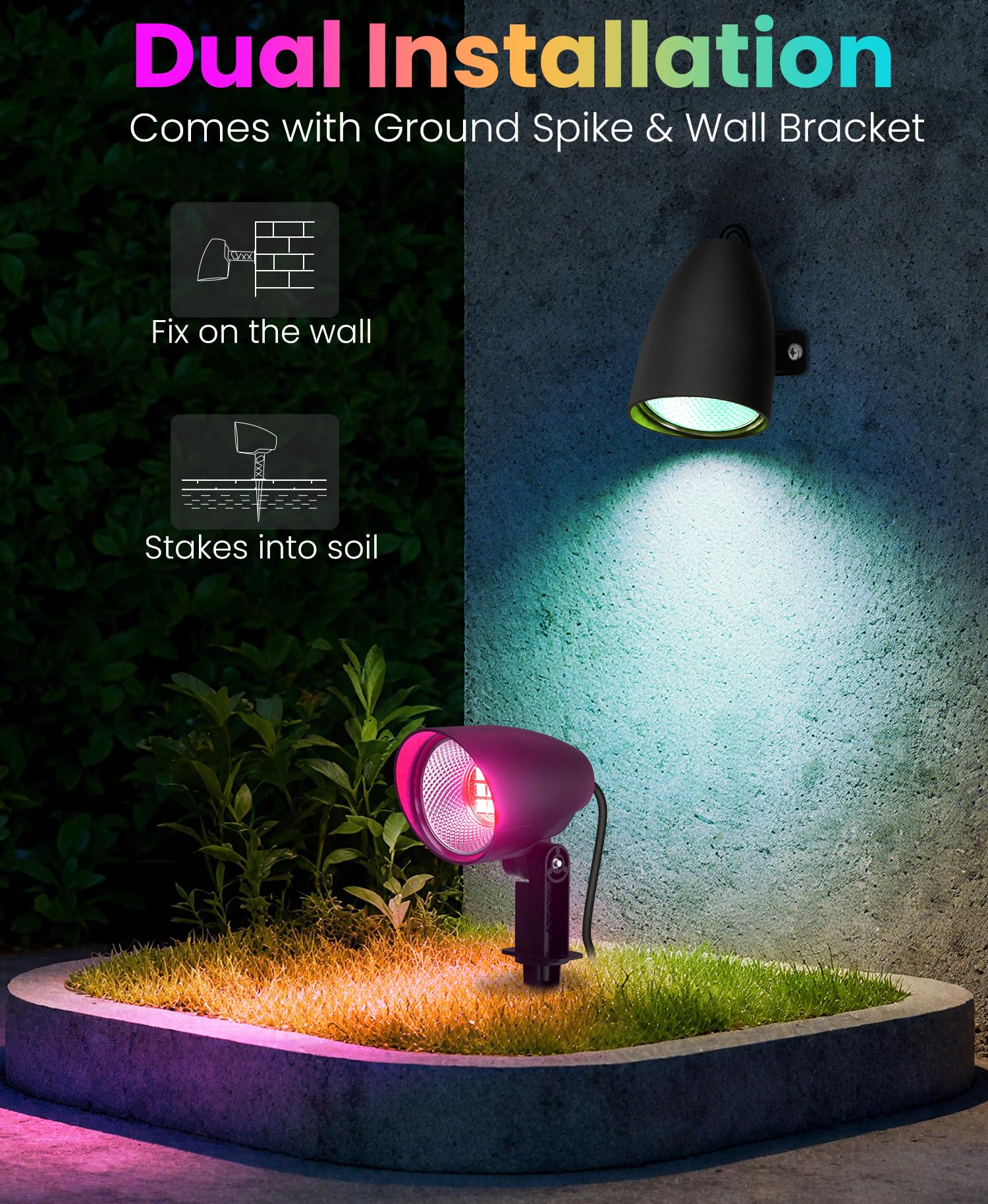 LINKE Foco de Jardín Exterior 20W 2 Piezas Focos LED RGB 1880LM Super Brillante, 10 Colores 30 Modos 6 Brillo, IP66 Impermeable Luz de Paisaje con Control Remoto para Camino Árboles Césped