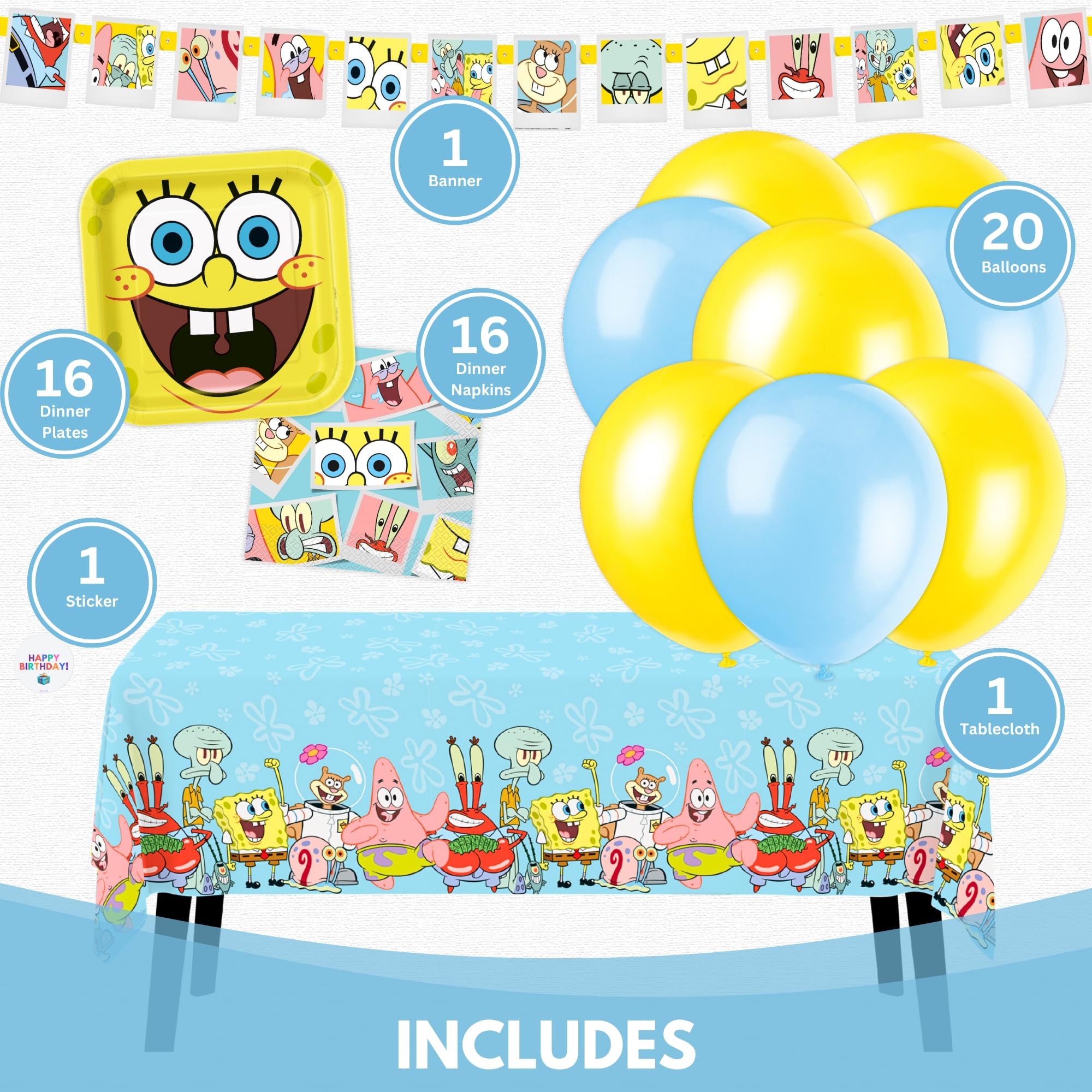 Spongebob - Decorazioni di compleanno per feste, 16 ospiti, tovaglia, striscione, palloncini, piatti, tovaglioli, adesivi, licenza ufficiale