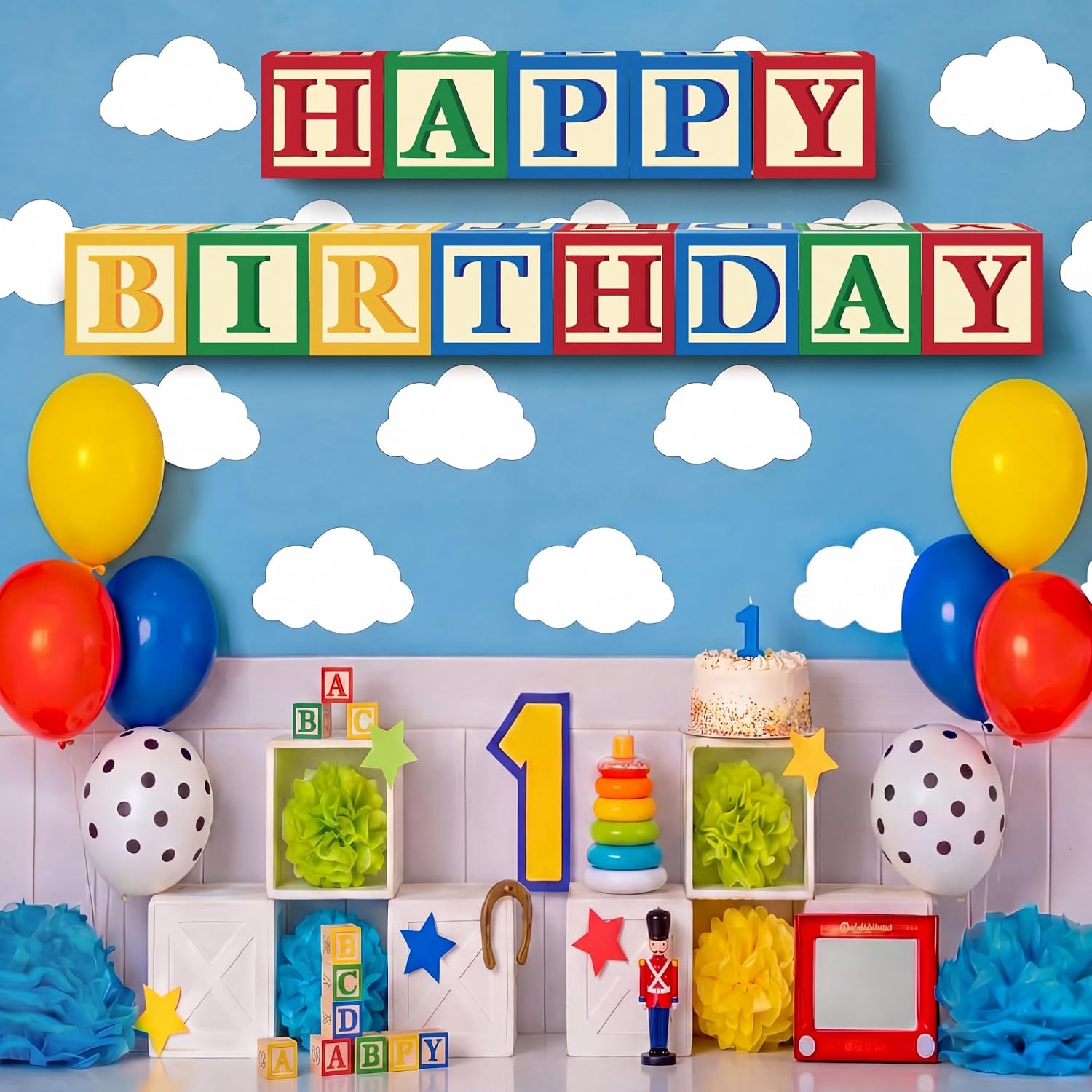 MotiMind 13 Pcs Toy Theme Happy Birthday Decoration Colorful Cartoon Happy Birthday Party Boxes 4 Inch Blue Red Green Yellow Paper Cube Blocks for Baby Shower Birth Day Party Supplies Photo Props