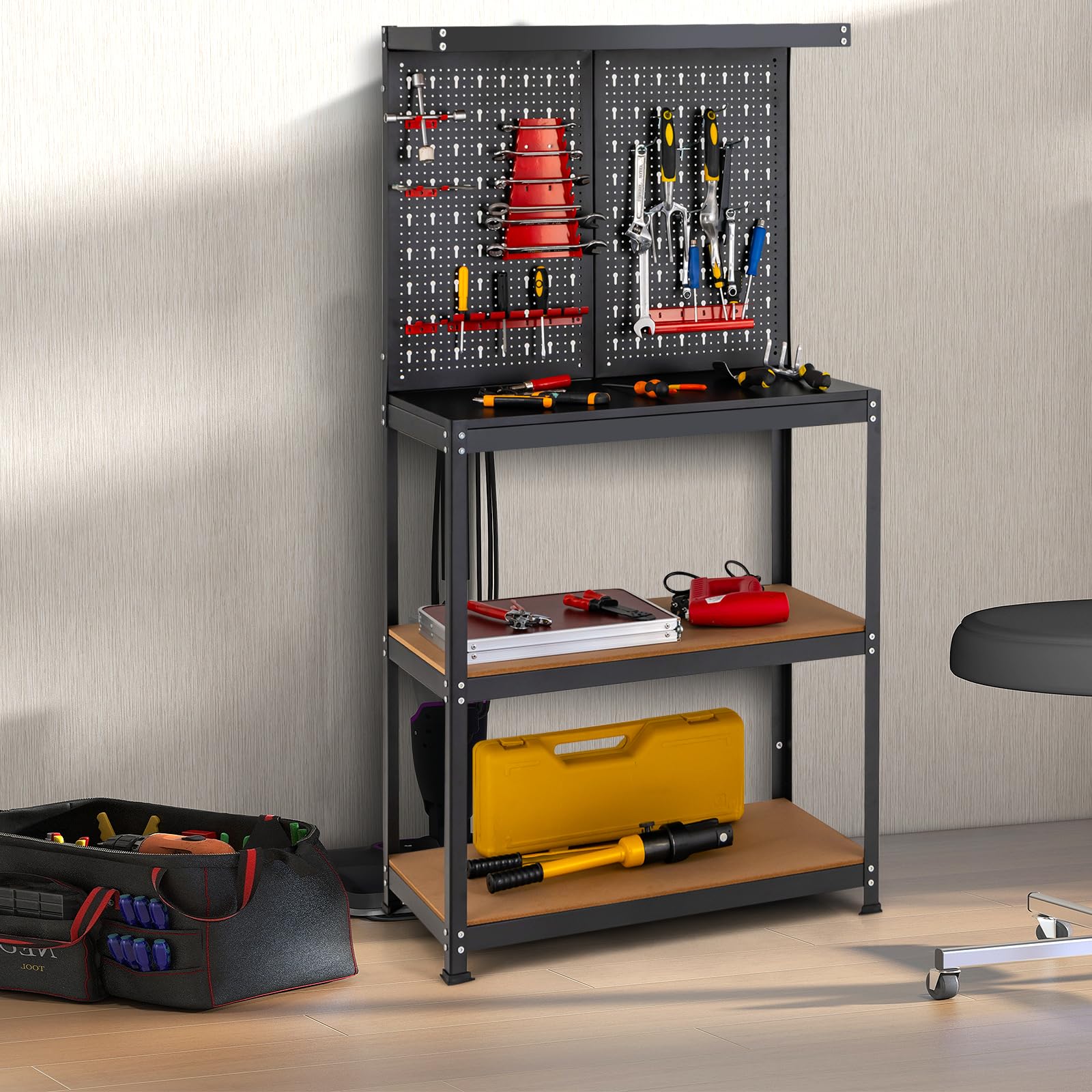 SOARS Établi Atelier Garage 81 X 41 X 156 CM, Rangement Outils en Métal en 2 Panneaux Perforé avec Kit de 14 Crochets, 2 Étagères, Charge 100 KG, pour Garage, Atelier (Noir+Rouge, 81 x 41 x 156 cm)