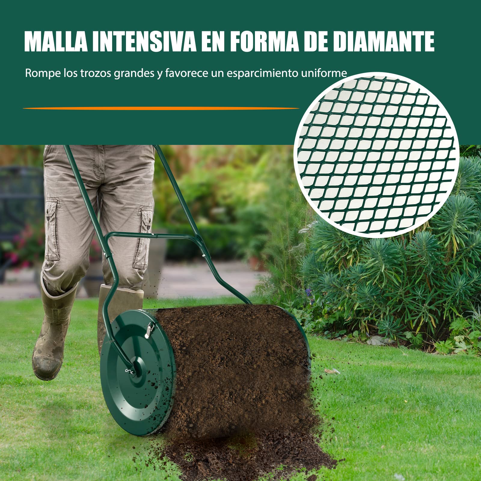 COSTWAY Esparcidor de Compost 75L, Esparcidor de Turba con Mango en Forma de U Mejorado, Cierres Laterales, Rodillo de Malla de Metal Resistente para Fertilización y Siembra (Verde)
