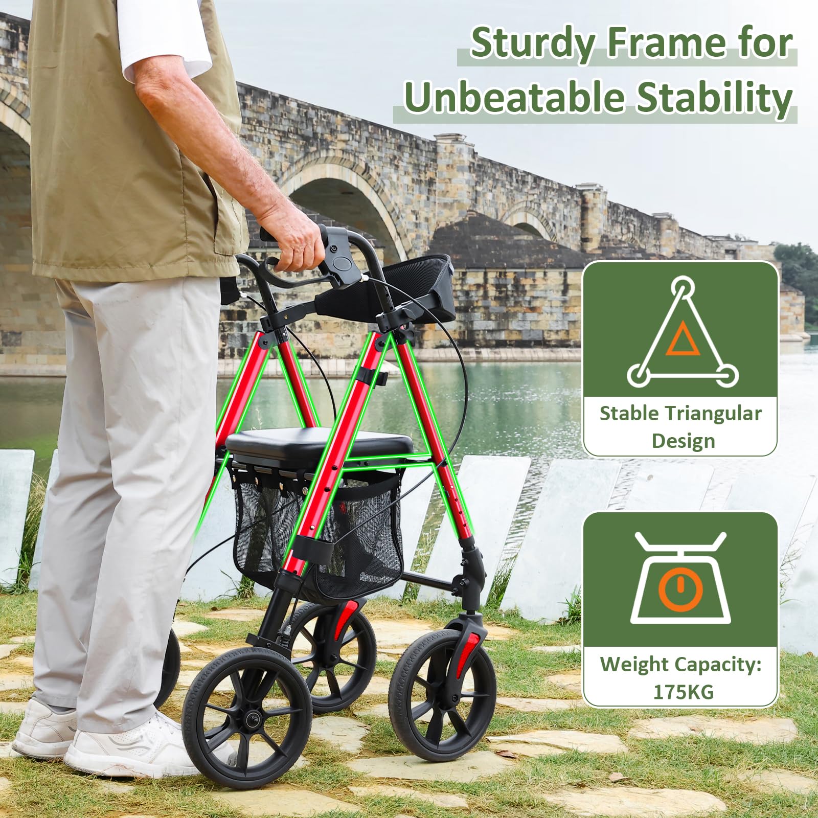 WALK MATE Andador plegable y ligero con asiento, soporta hasta 175 kg, andador para la vivienda interior y exterior con ruedas antideslizantes, altura regulable de aluminio, incluye bolsa y soporte