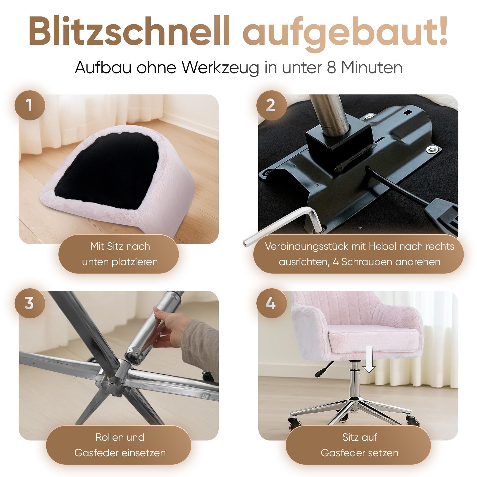 WohnJuwel Schminktisch Stuhl [höhenverstellbar] mit Gummirollen, Dickes Kissen [waschbares Kunstfell] - Drehstuhl Schminkstuhl Schminktischstuhl Schreibtischstuhl - Rosa