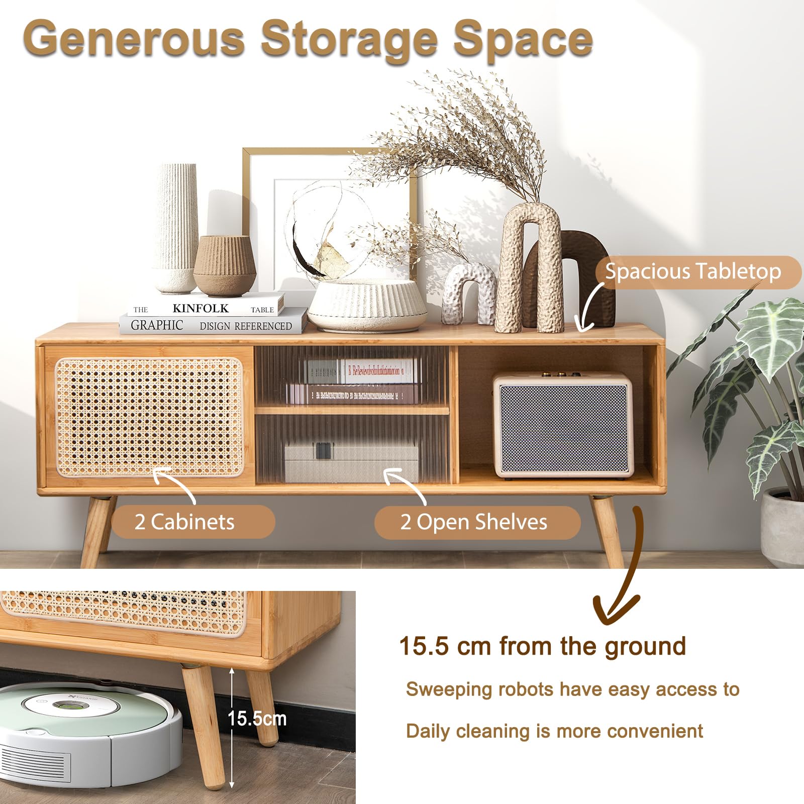 KOMFOTTEU Mueble de TV de Bambú, Soporte para TV con Puertas Deslizantes de Ratán y de Cristal, Centro de Entretenimiento con Estante Ajustable, para TV de hasta 55", 120,5 x 31 x 45,5 cm