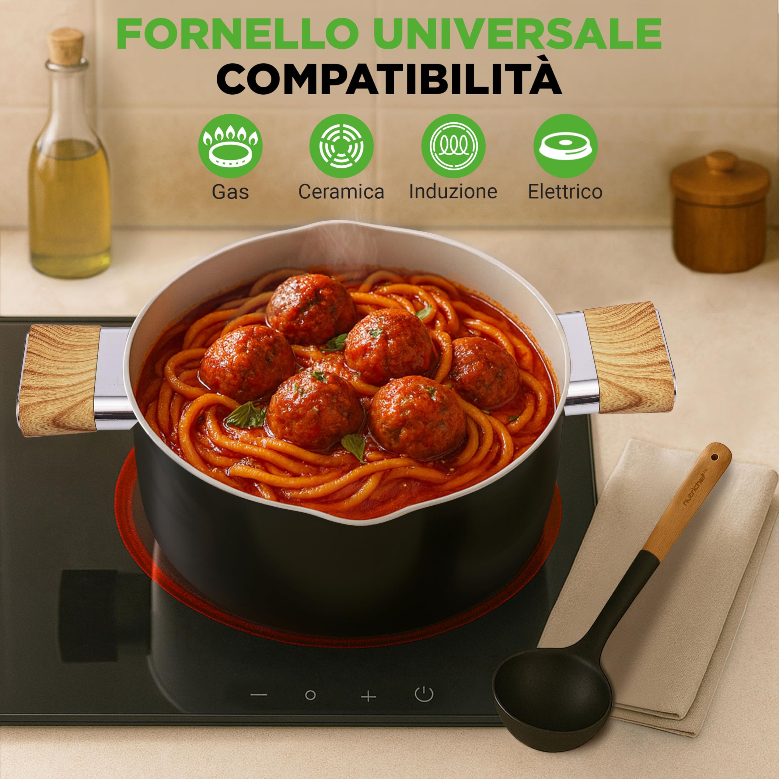NutriChef Set Pentole e Padelle 14 Pezzi in Ceramica Antiaderenti, Compatibili Induzione, Coperchio in Vetro, Manici Antiscottatura, Lavabili in Lavastoviglie, Mestolo, Pinze e Spatola Inclusi, Nero