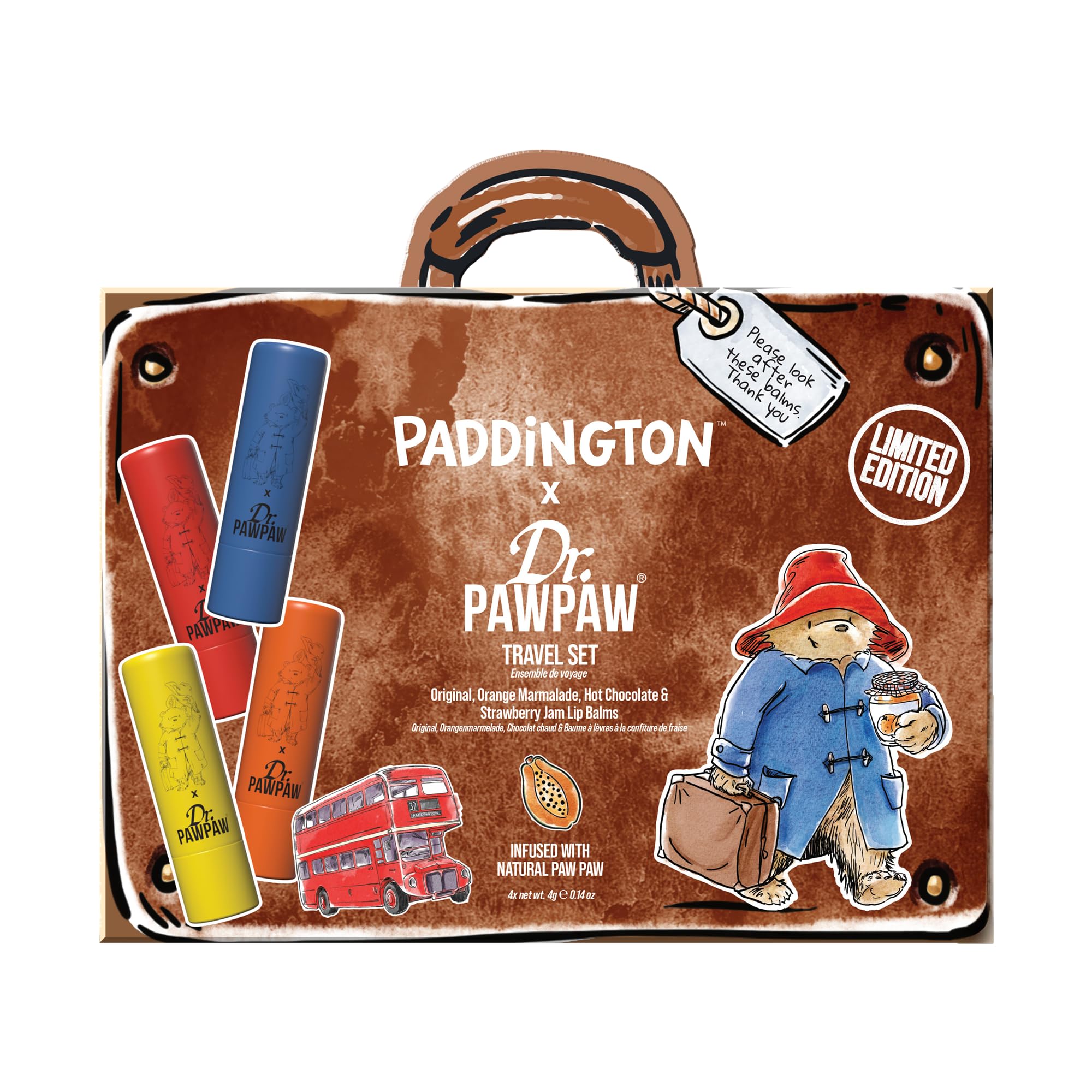 Dr.PAWPAW x Paddington Travel Lip Balm Set 4 x 4g, Original Orange Marmalade Strawberry Jam and Hot Chocolate