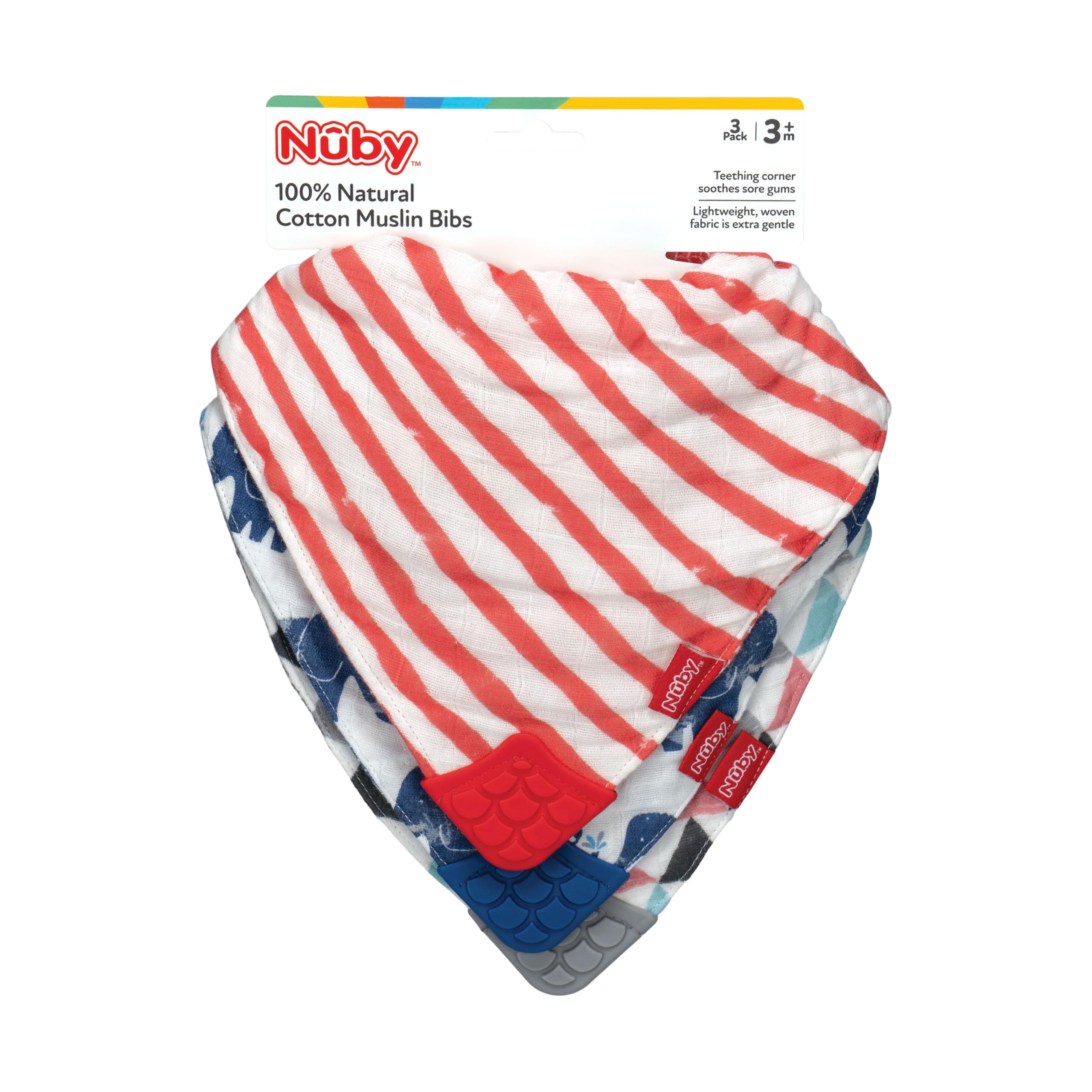 Nuby Babero reversible de muselina de algodón 100% natural, 3 piezas, gris/rojo/azul, flechas/rayas rojas/elefantes