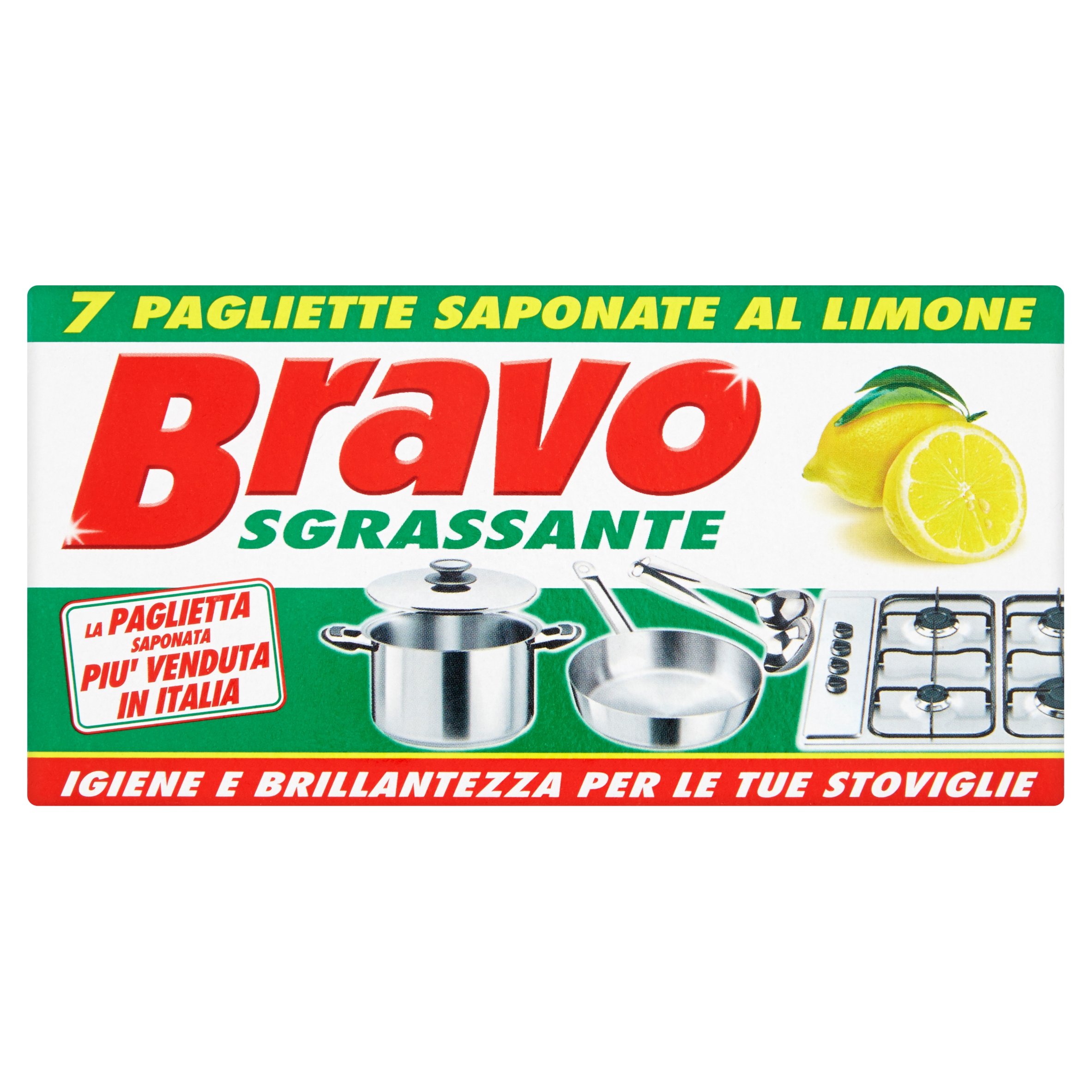 Bravo, Pagliette Saponate al Limone, Pulizia Rapida ed Efficace, Extra Potere Sgrassante e Pulente, 1 Confezione da 7 Pezzi