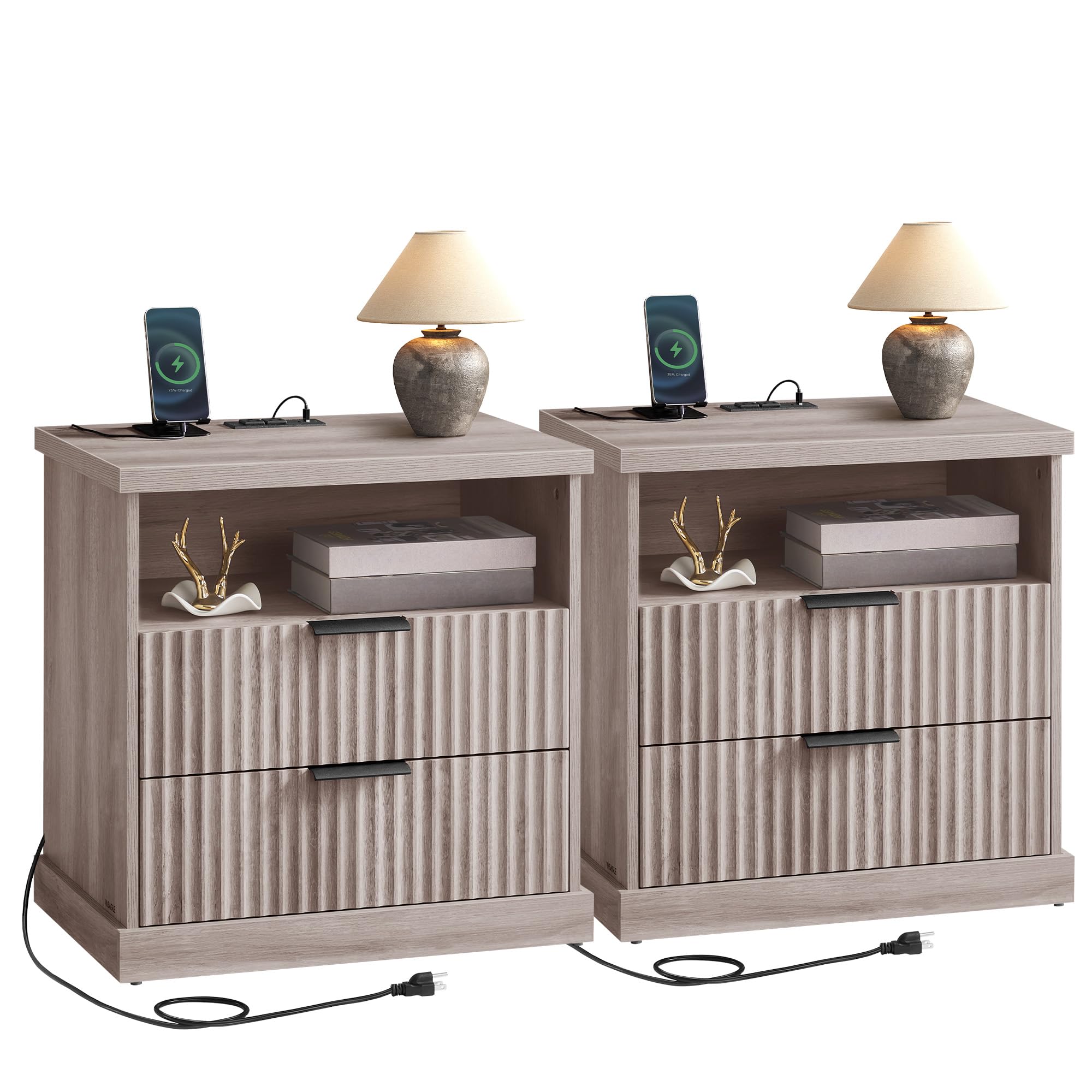 Photo 1 of **2 boxes**VASAGLE MAXE Collection - Set of 2 Nightstands with Charging Station, Fluted Night Stand, Bedside Table, Mid Century Modern Side End Table, 2 Drawers, 2 AC Outlets, 2 USB Ports, Washed Gray ULET926G01