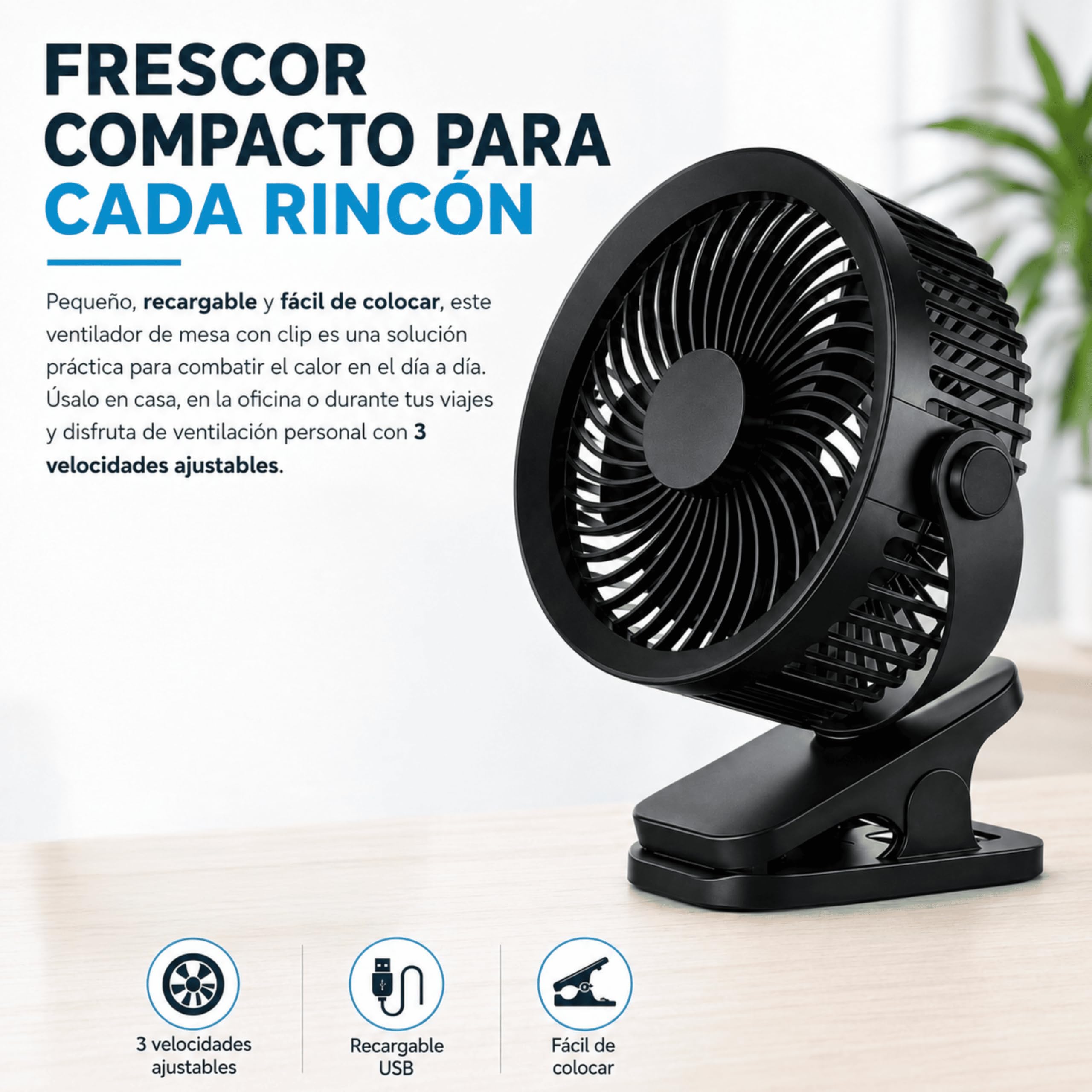 MUNTRADE Pack 5 Ventiladores de Mesa Negro con Clip Recargable USB | 3 Velocidades, Batería 800 mAh, Mini Ventilador Portátil, Escritorio, Oficina, Dormitorio, Viaje y Camping