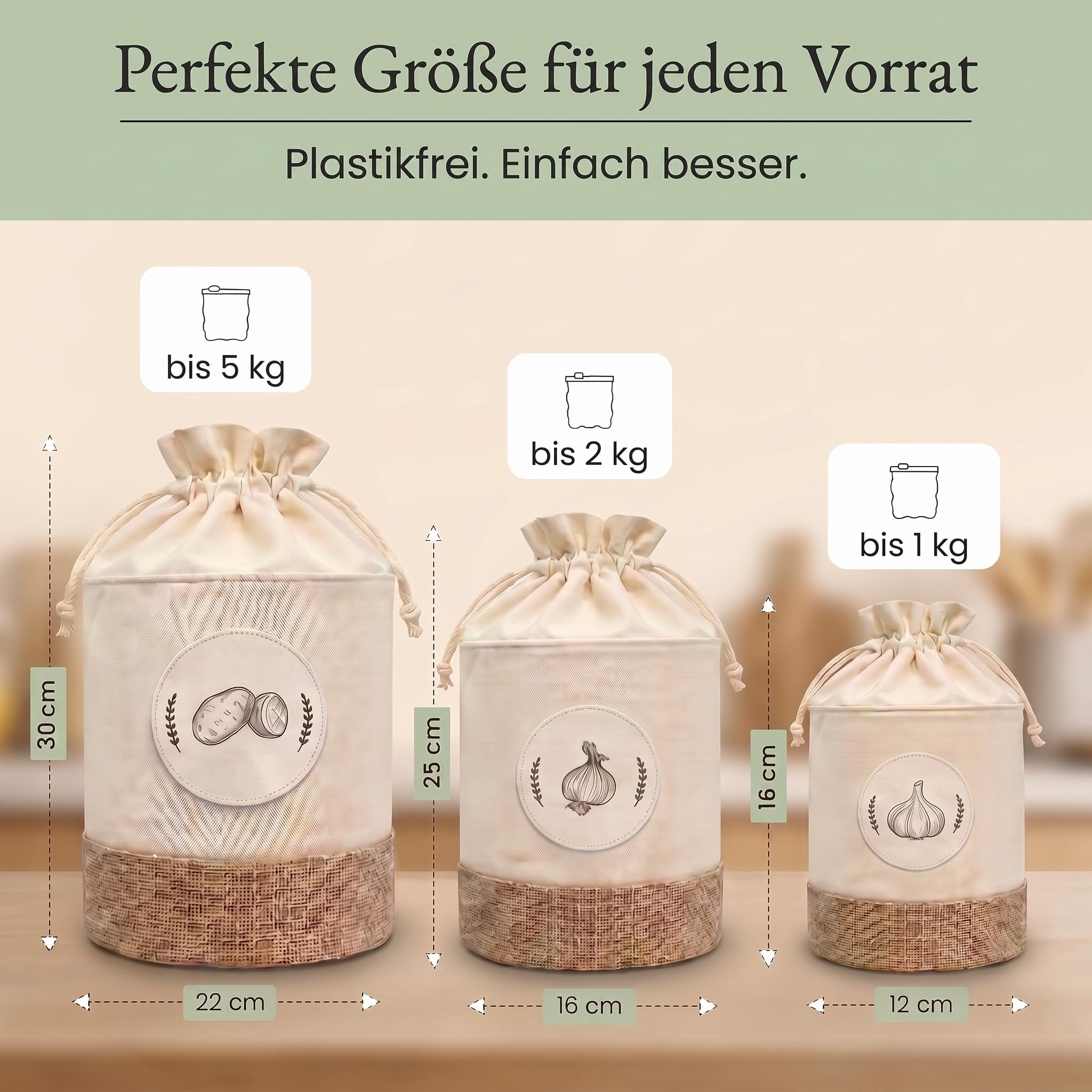 Valora® Kartoffel Aufbewahrungsbox 3er Set - Stoffbeutel für Kartoffeln, Zwiebel und Knoblauch Aufbewahrung - Längere Frische Zwiebeltopf, Kartoffelbox - Atmungsaktive und Nachhaltige Stoffbeutel