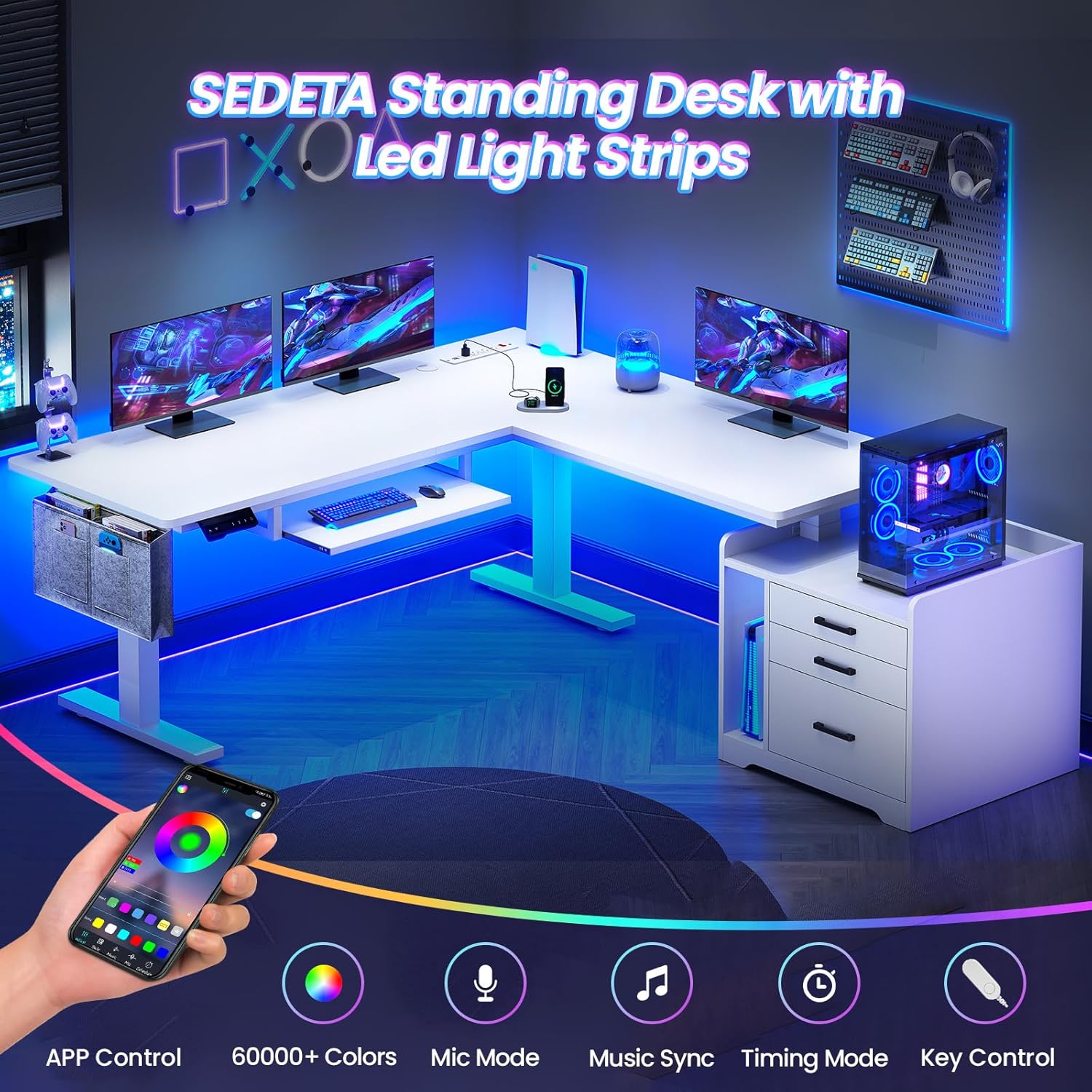 Image of the SEDETA L Shaped Standing Desk illuminated by RGB LED light strips, showcasing various color options and a smartphone app for control.
