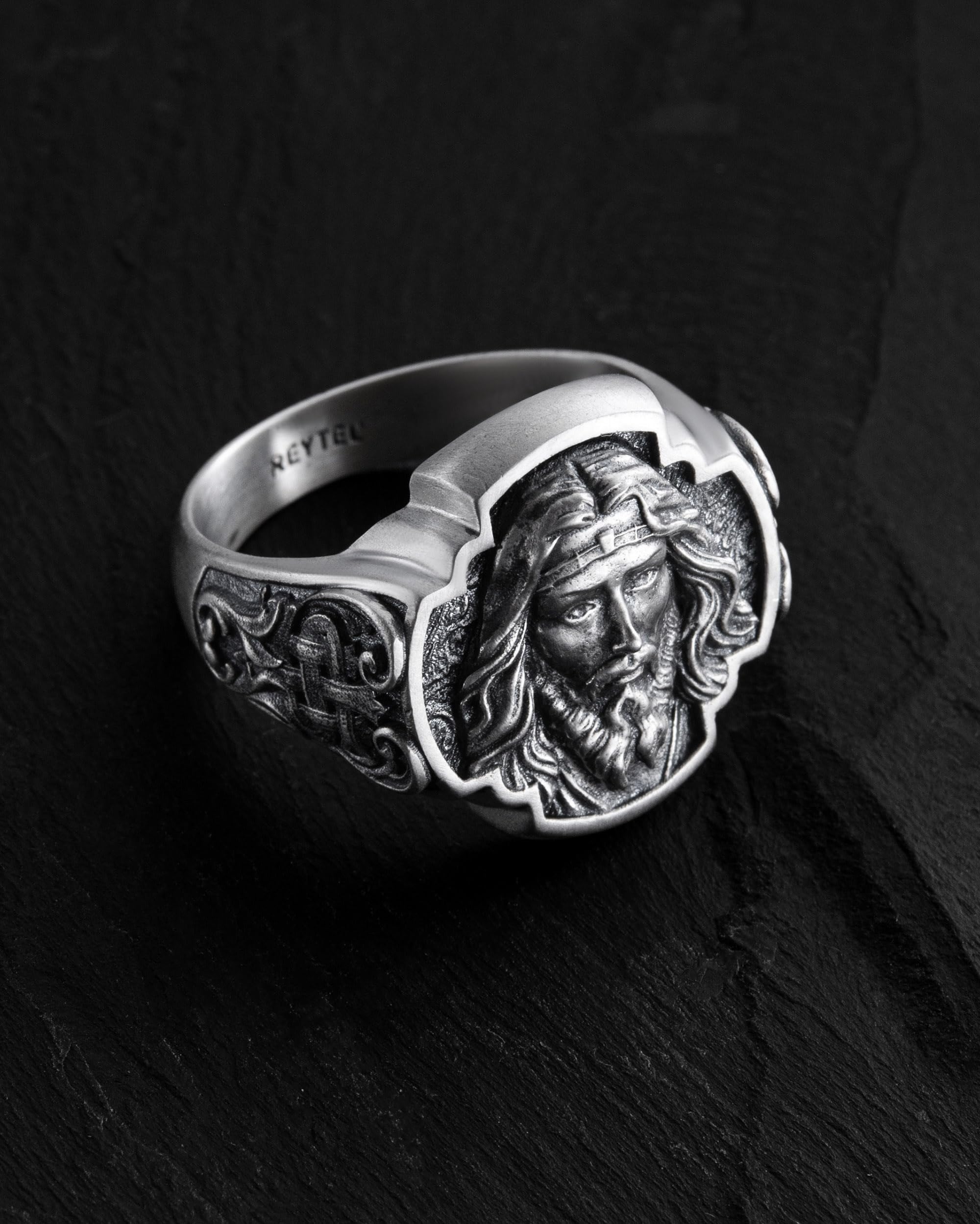 Pierścionek Twarz Jezusa Zbawiciela, srebro wysokiej próby 925, Jezus Chrystus, pierścionek męski, chrześcijański srebrny pierścionek symbol wiary, nadziei i zbawienia