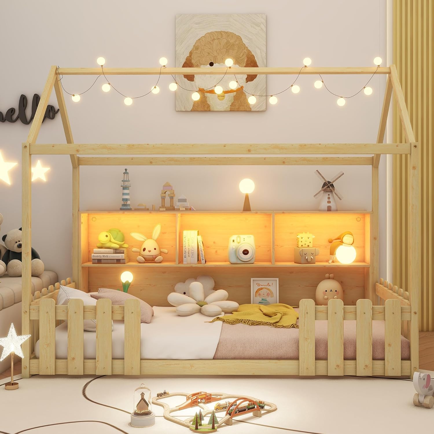 Mirightone Twin Size House Bed for Kids with LED Light and Fence Guardrails,Wood Montessori Floor Bed Frame with Storage Bookshelf, Farmhouse Bed Frame for Girls Boys, Natural