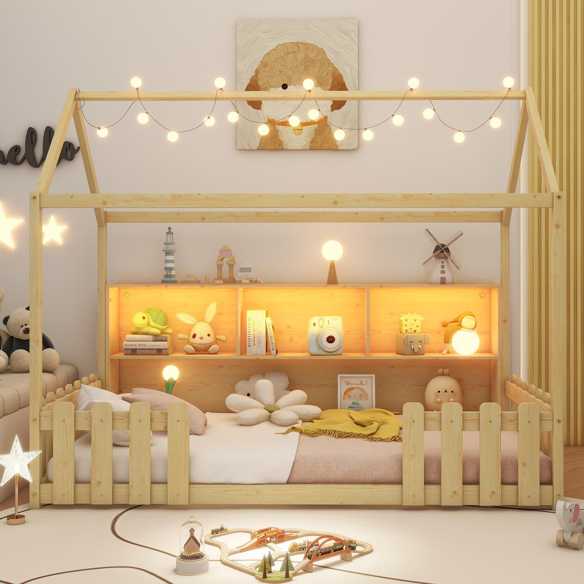 Twin Size House Bed for Kids with LED Light and Fence Guardrails,Wood Montessori Floor Bed Frame with Storage Bookshelf, Farmhouse Bed Frame for Girls Boys, Natural