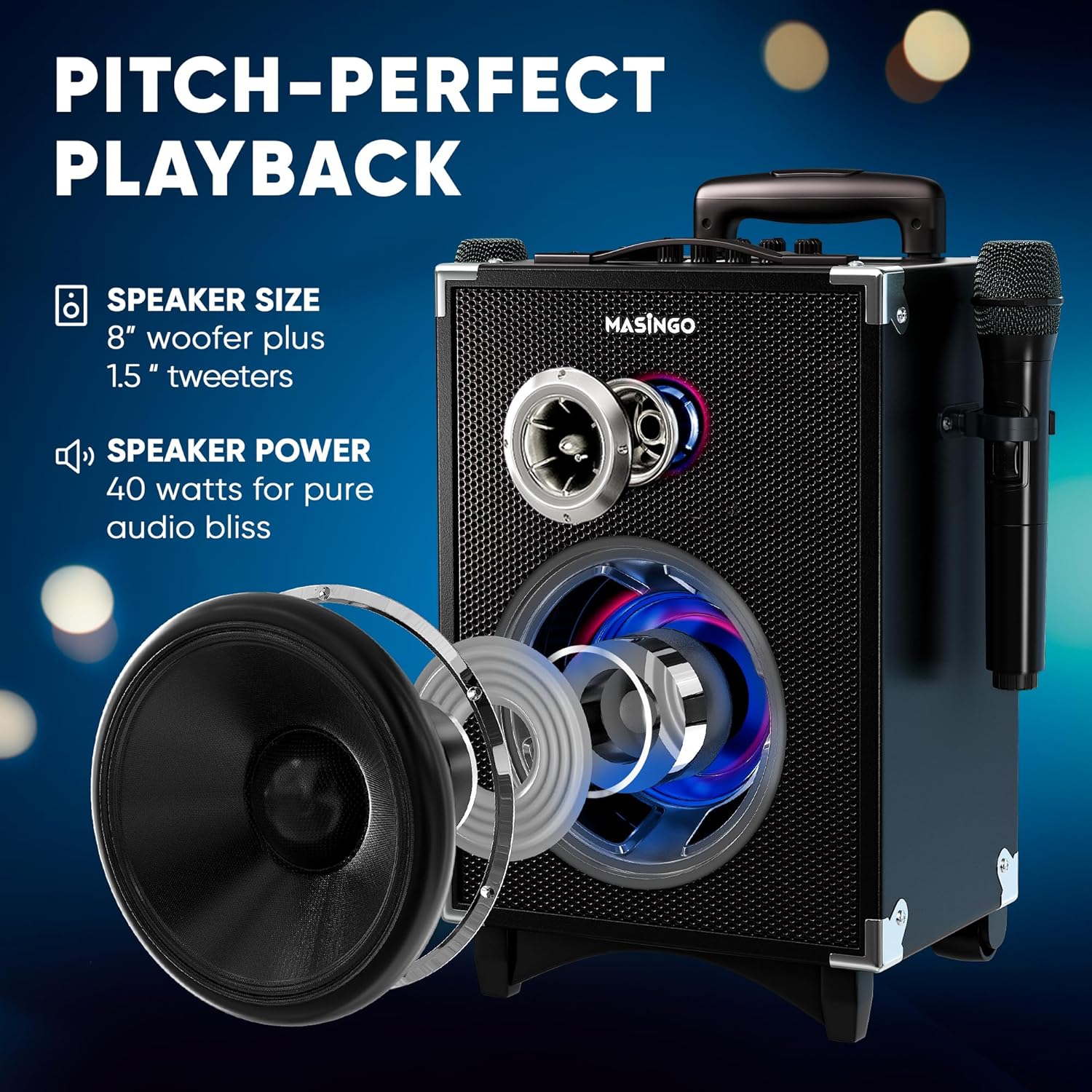 പൊട്ടിത്തെറിച്ചു view diagram of the Soprano X2 speaker components, showing the 8-inch woofer and 1.5-inch tweeter, with text indicating 'Speaker Size: 8