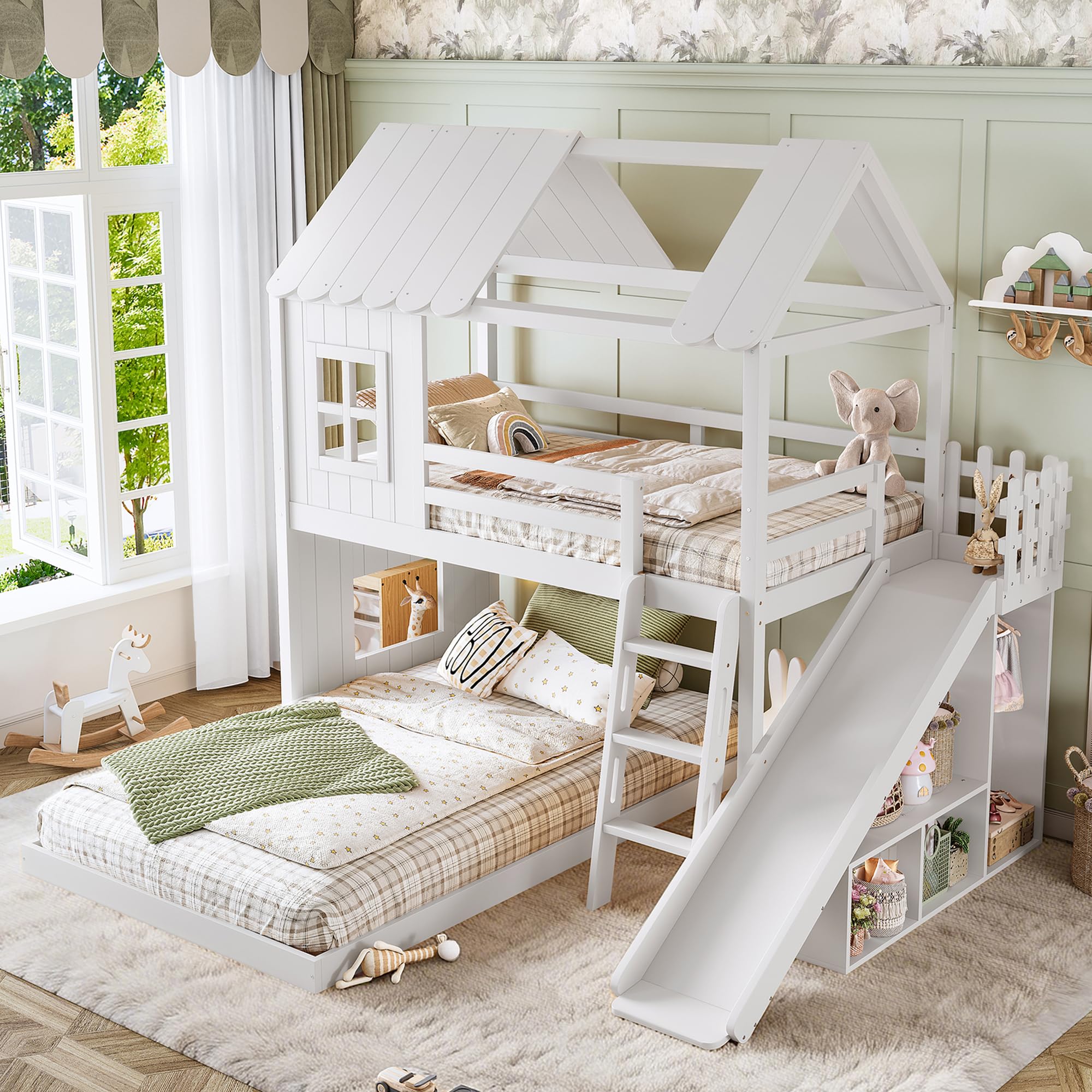 Harper & Bright Designs House Bunk Bed Twin Over Full with Slide,Shelves and Wardrobe,Wood L Shape Floor Bunk Bed Frame with Window and Roof for Kids