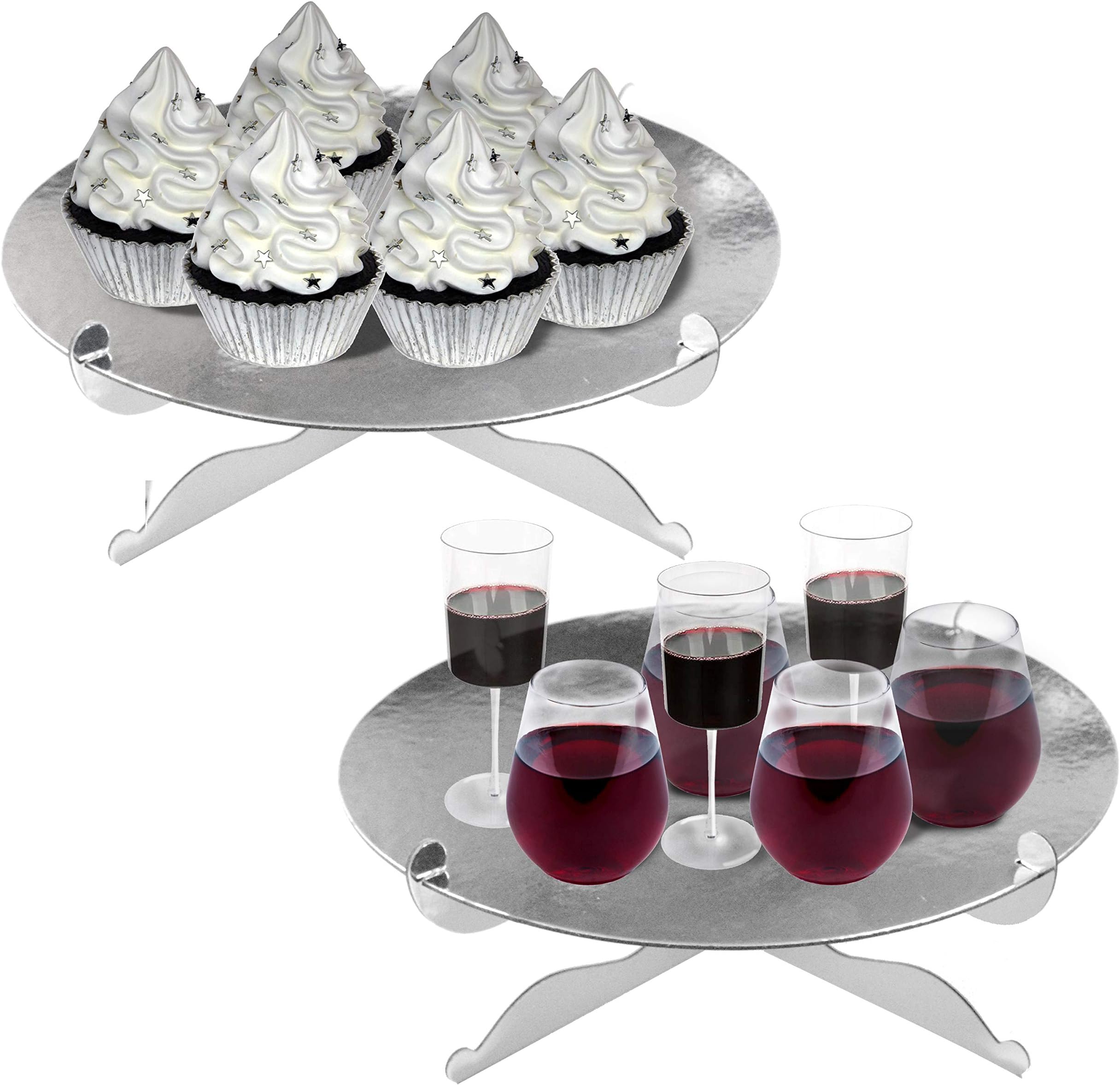 1-Tier Silver Round Cardboard Cupcake Stand Dessert Stand Reusable Birthday Wedding Festival Decoration Mini Cake Stand(2pcs)