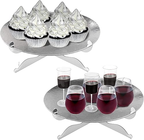 Soporte redondo de cartón plateado de 1 nivel, soporte para postres, reutilizable, cumpleaños, boda, festival, decoración, mini soporte para tartas