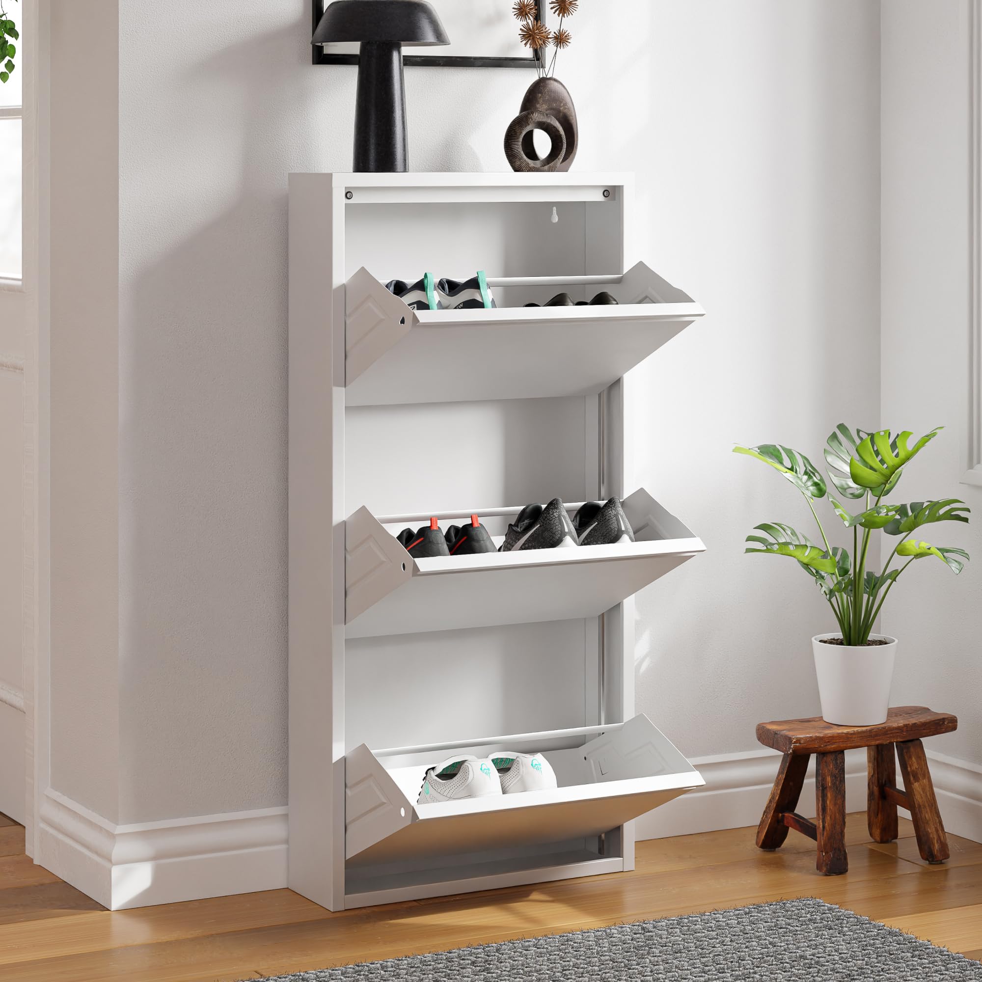[en.casa] Zapatero de Pared Sokndal Organizador de Zapatos con 3 Puertas para 6 Pares Mueble de Calzados para Entrada Pasillo Metal 104 x 50 x 15 cm - Blanco