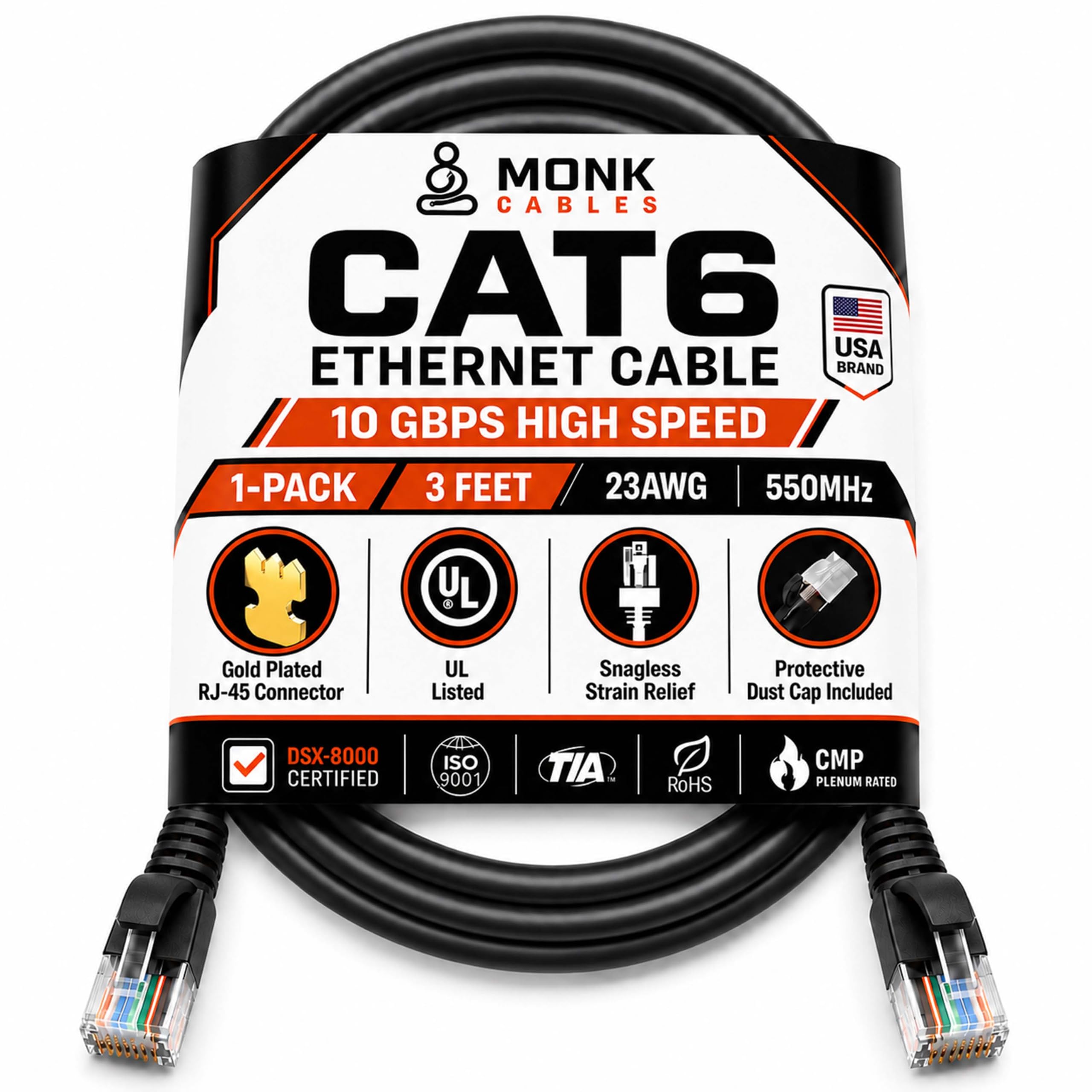 Photo 1 of MONK CABLES CAT 6 Ethernet Cable 3ft Black