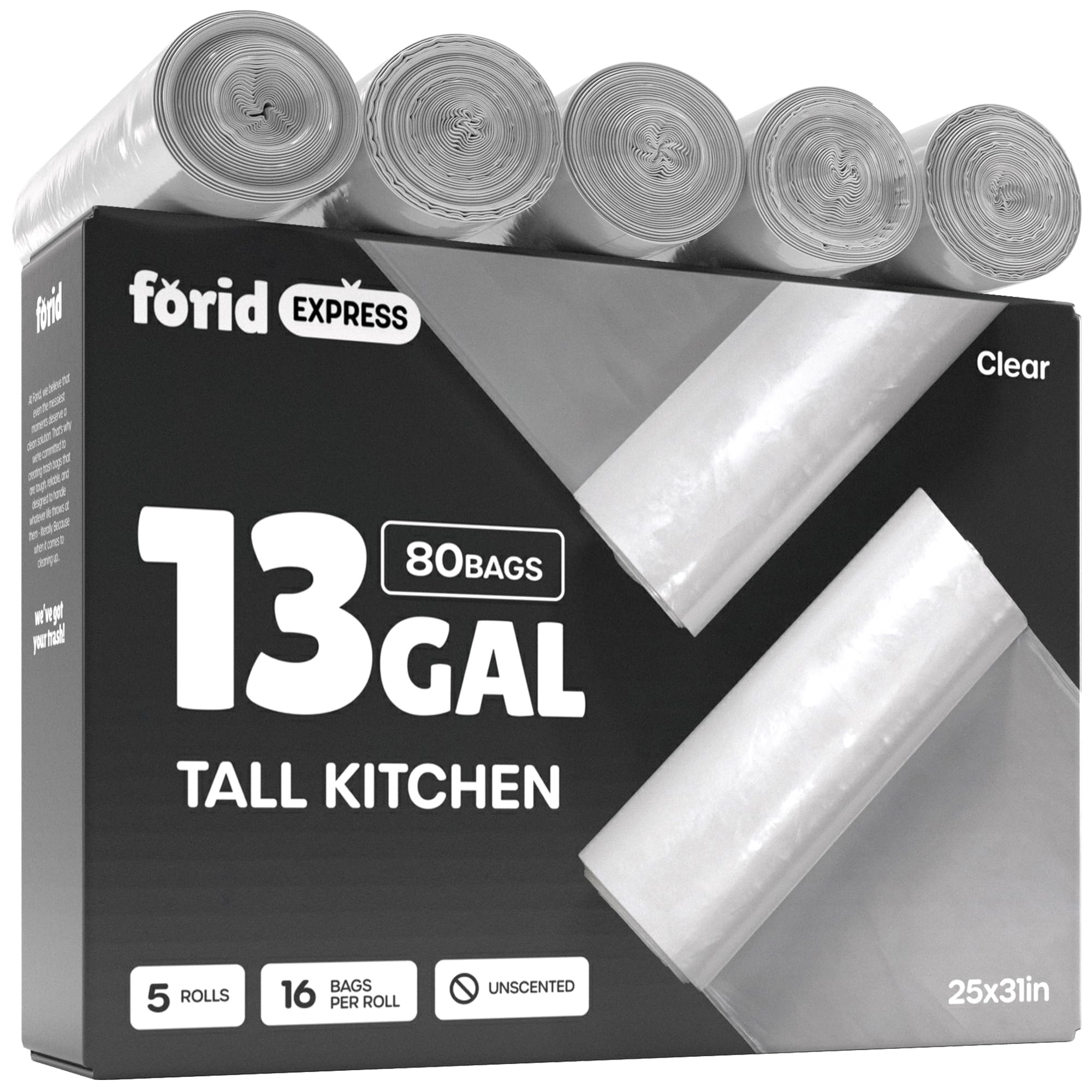FORID 13 Gallon Clear Trash Bags 80 Count