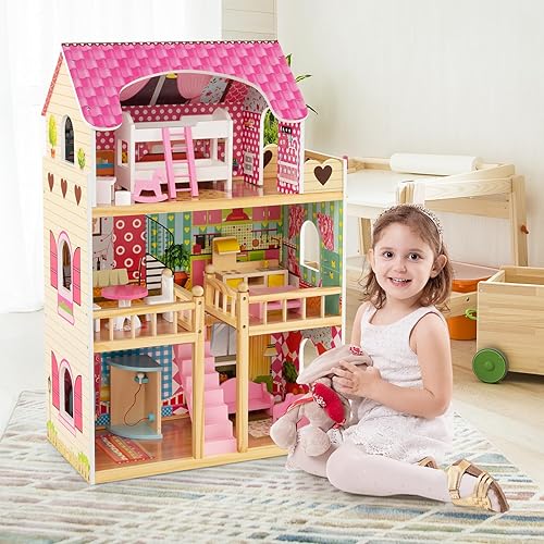 Miniatura 3 de HONEY JOY Casa de muñecas rosa, casa de muñecas de madera para niños con balcón y escaleras, 15 piezas de accesorios y muebles incluidos, juguete
