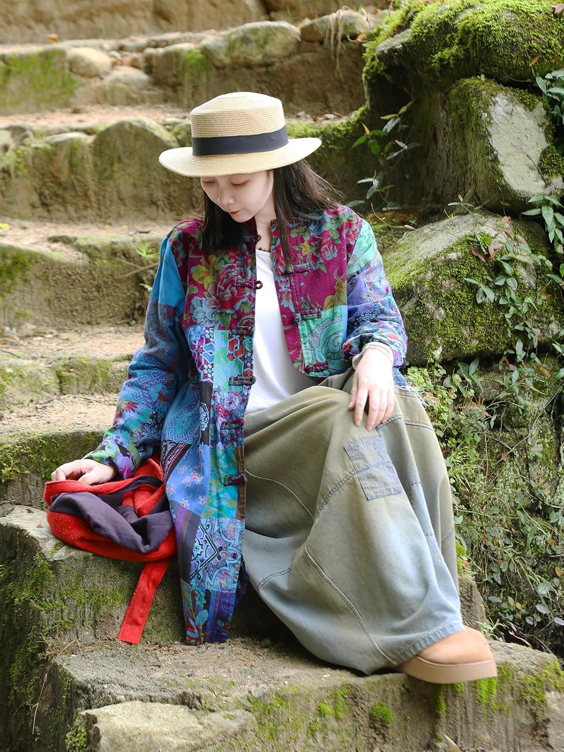 LUZU JUNU Women's Trench Coat Floral Print Long Cotton Linen Jacke Cottagecore Clothing Patchwork Outwear Bohemian unique (US, Alpha, One Size, Regular, Regular, Blue) - Image 2