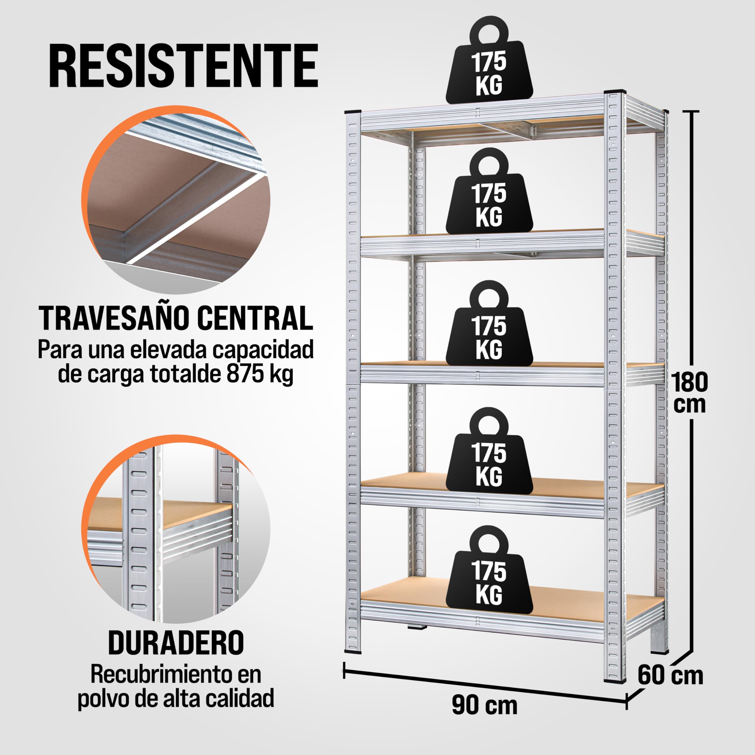 Deuba 2X Estanterías Metálicas 180x90x60cm 875kg Estantería para Cargas Pesadas 5 Estantes Taller